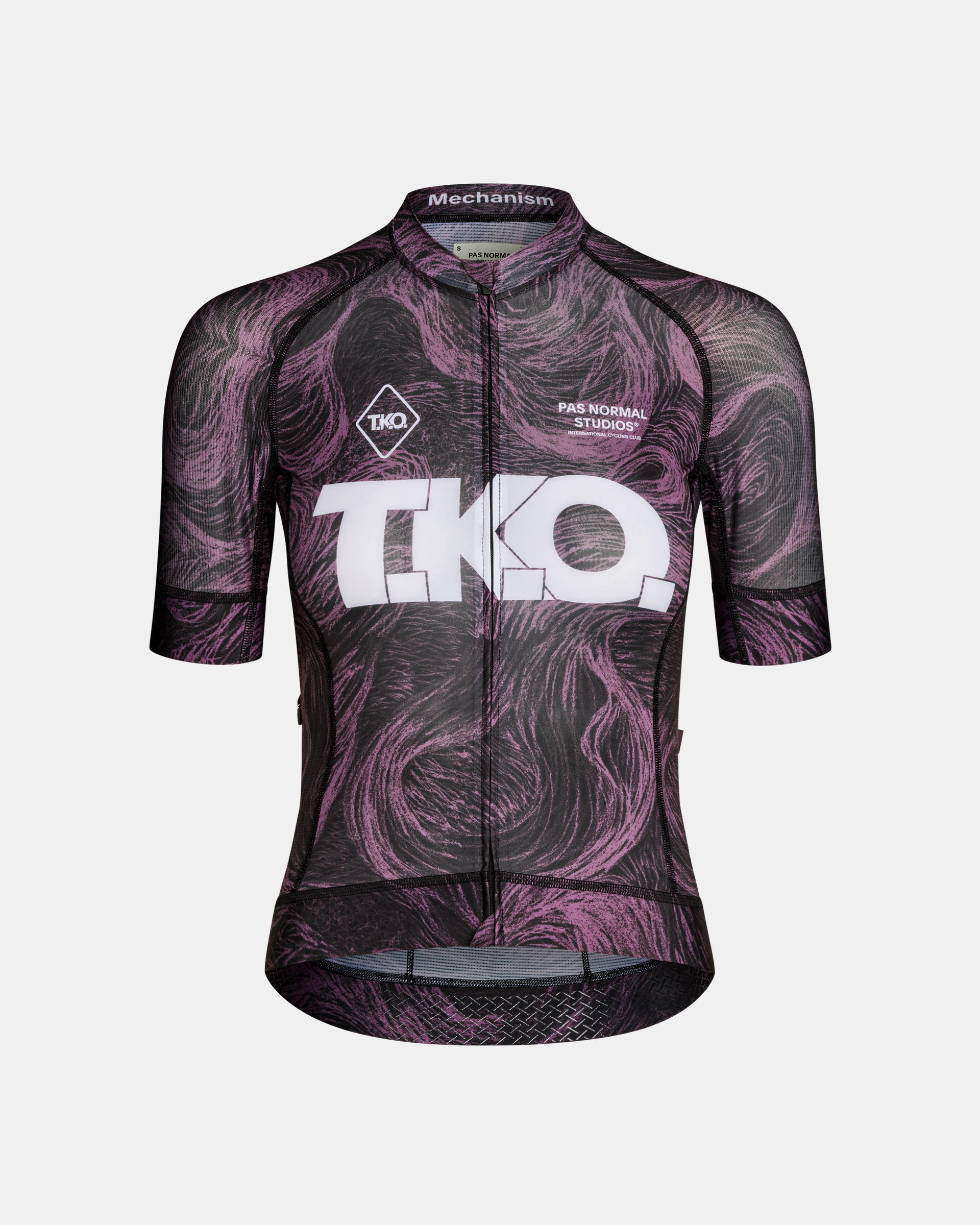 Mauve T.K.O. Mechanism cycling jersey, front flat lay with swirl print and large chest logo