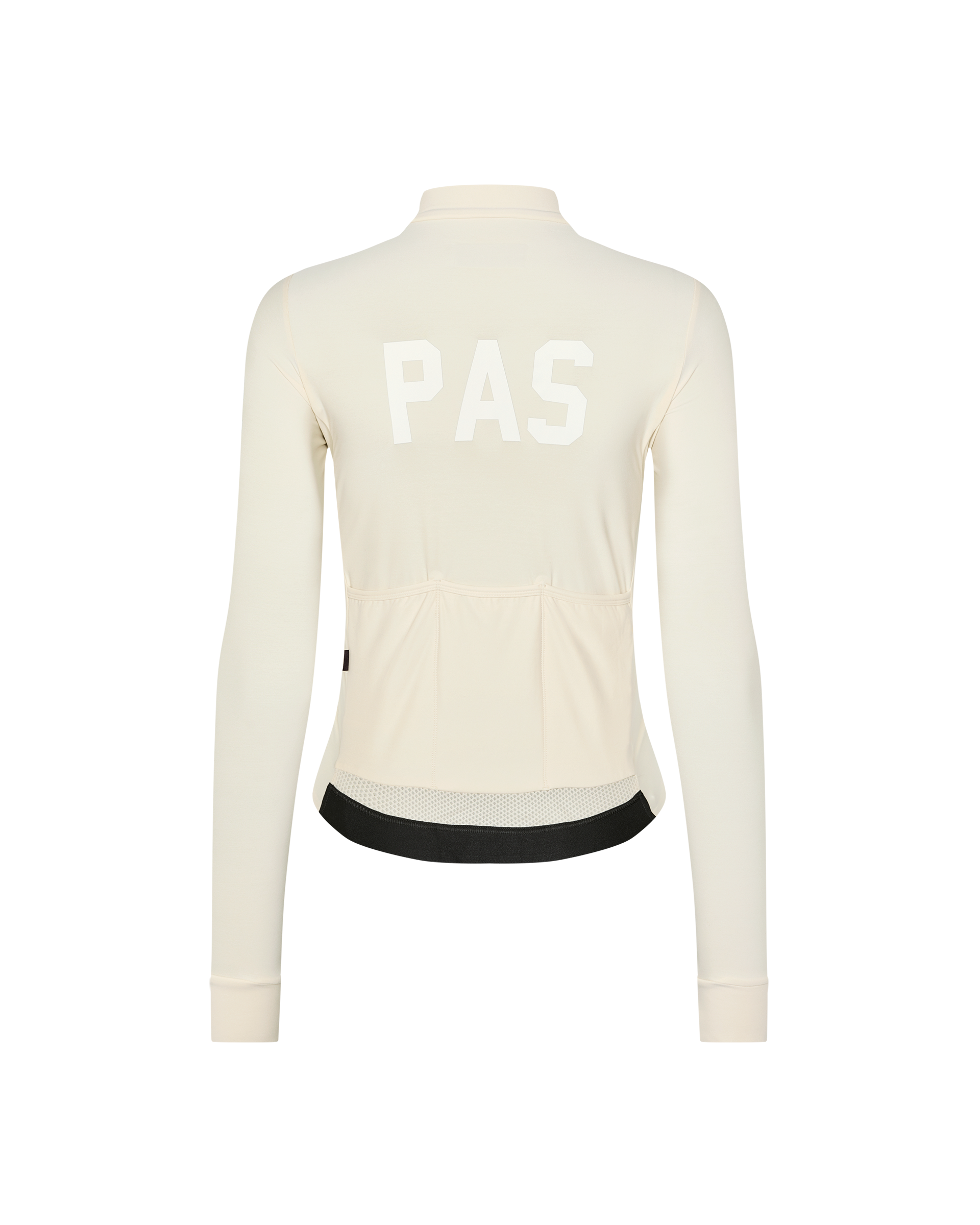Sand PAS Mechanism long sleeve cycling jersey, rear flat lay with white back print and black hem band