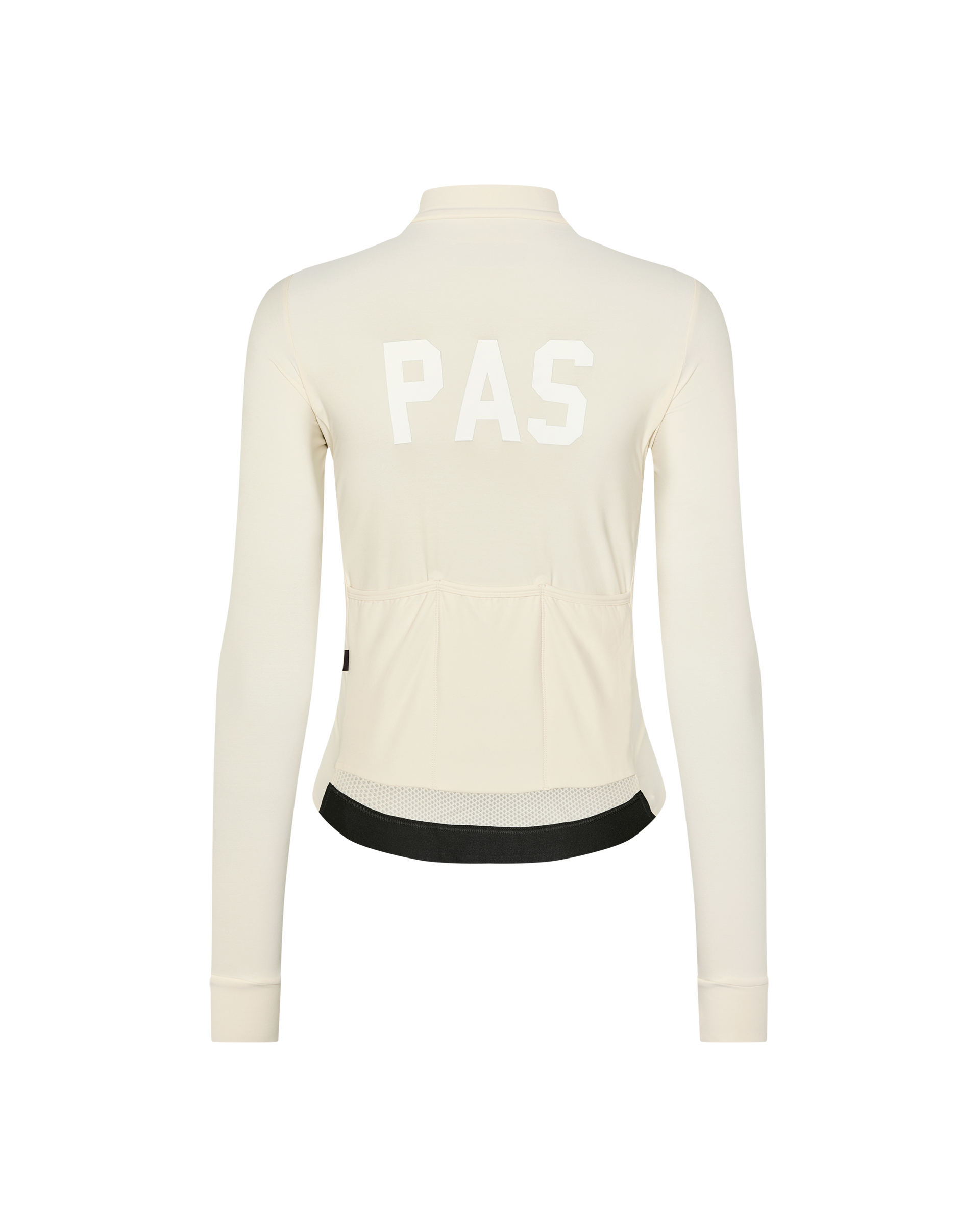 Sand PAS Mechanism long sleeve cycling jersey, rear flat lay with white back print and black hem band