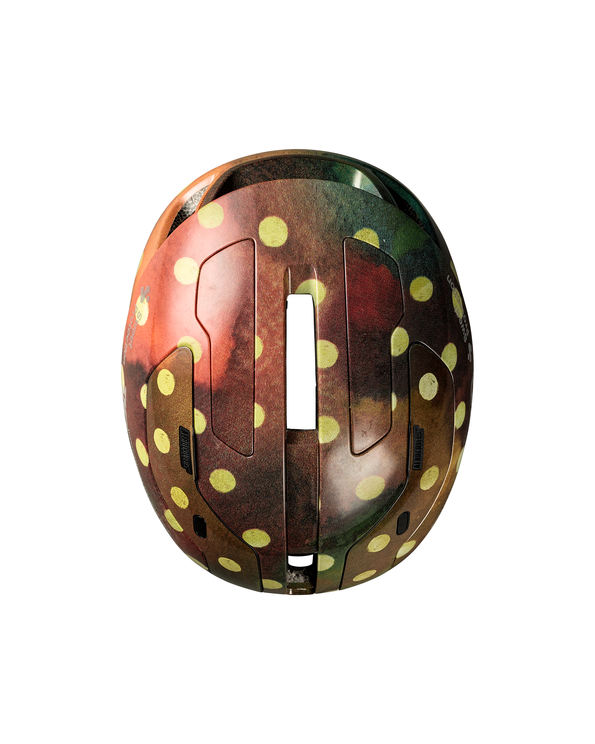 Brown T.K.O. Falconer Aero 2Vi cycling helmet, top view with yellow polka dot pattern