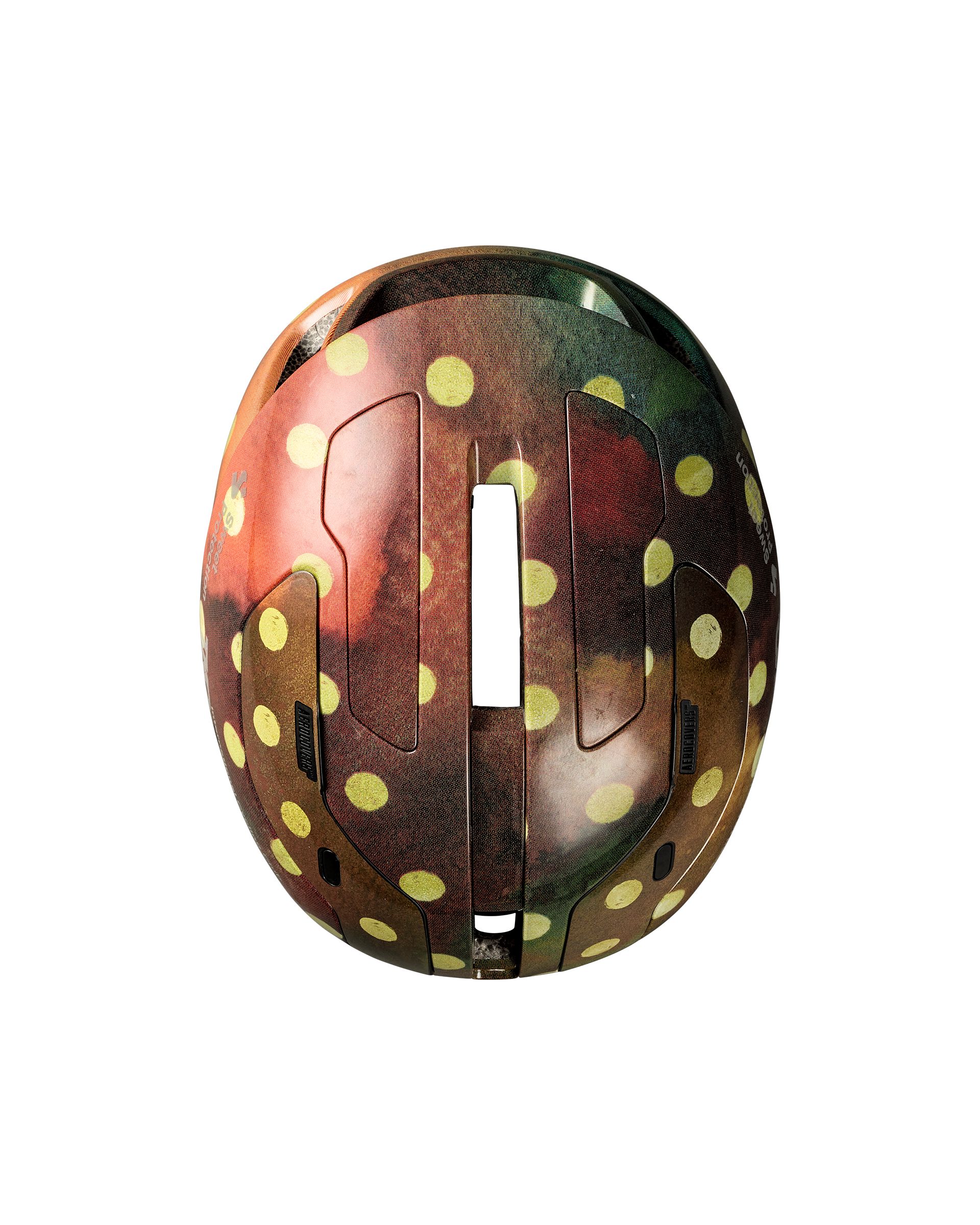 Brown T.K.O. Falconer Aero 2Vi cycling helmet, top view with yellow polka dot pattern