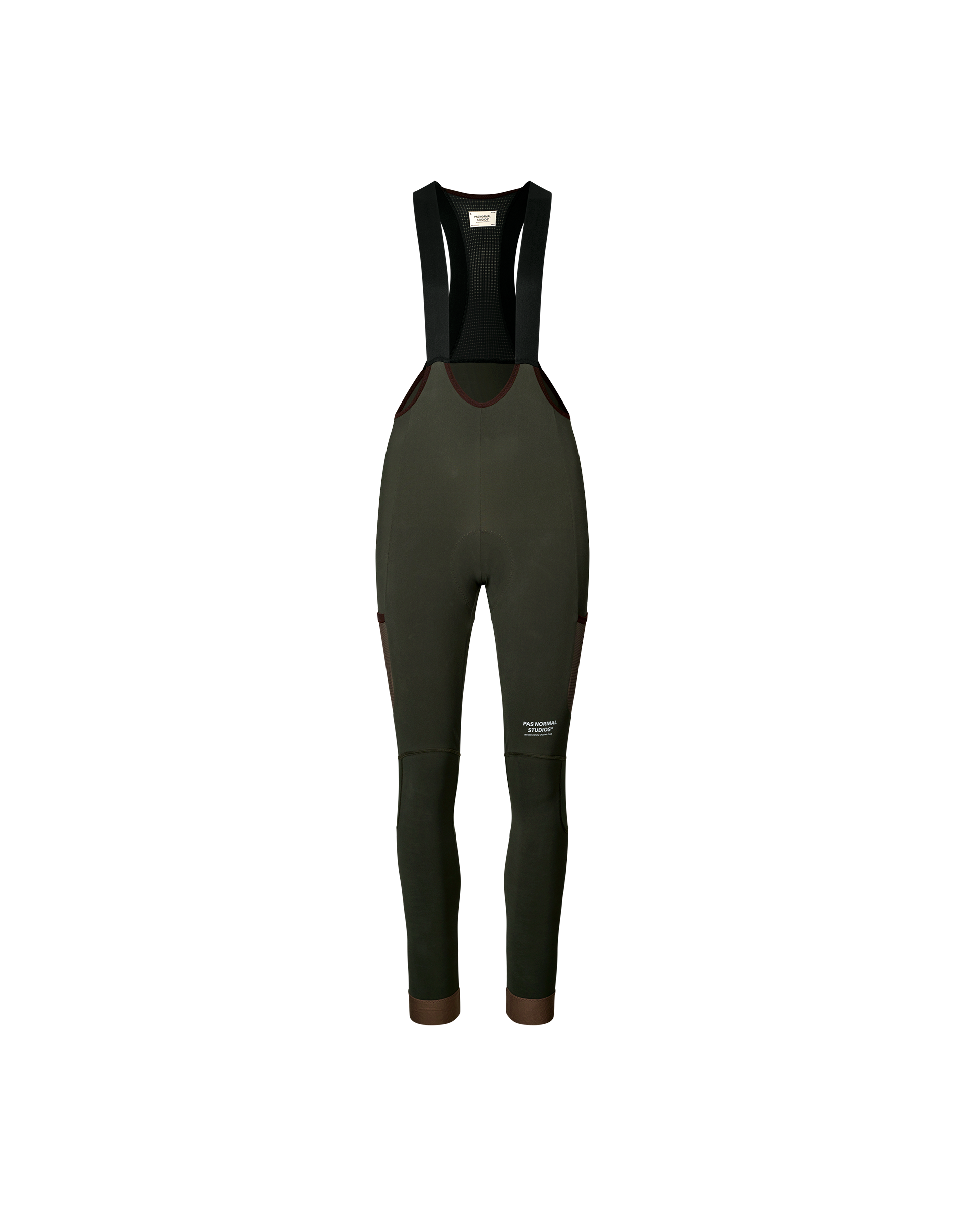 Dark Olive Escapism Long Cargo cycling bib tights, front flat lay with brown contrast trim and thigh cargo pockets