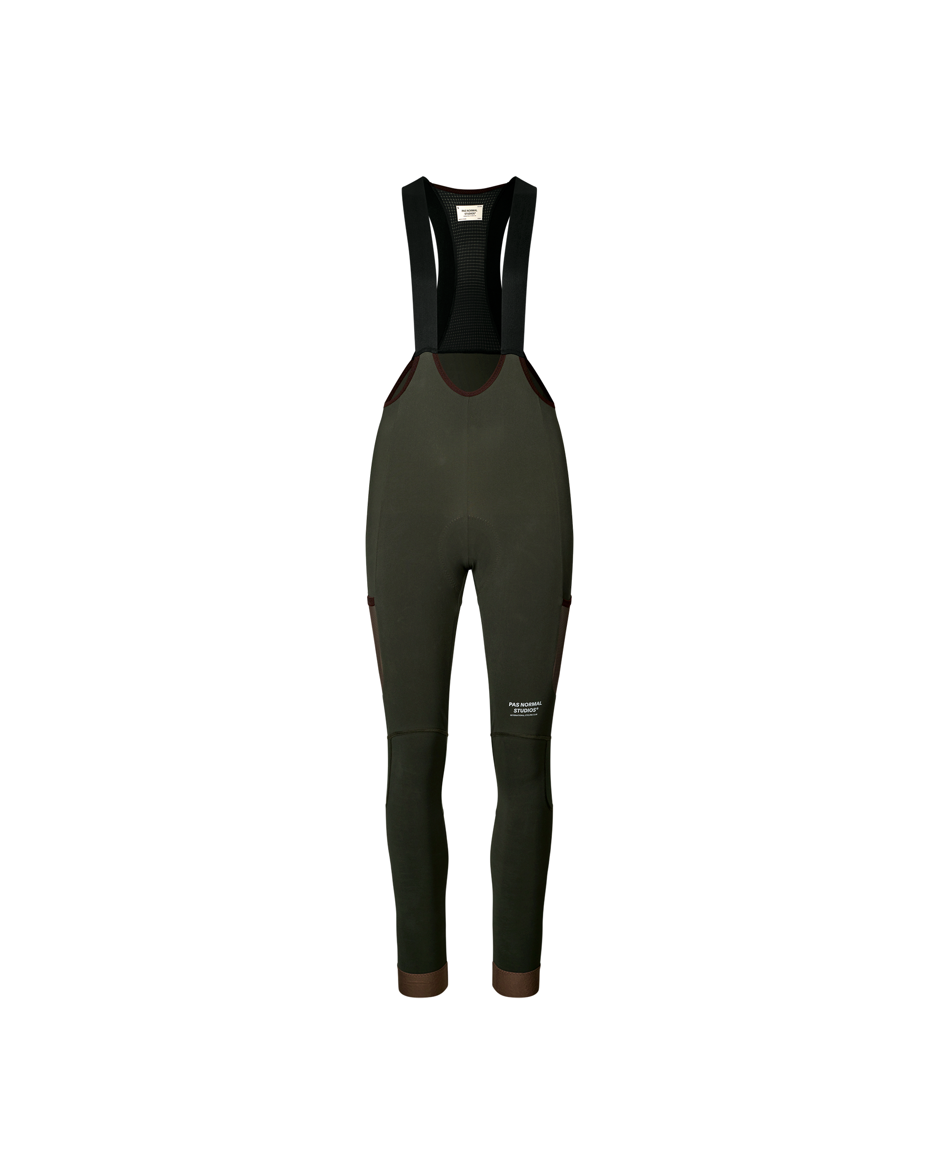 Dark Olive Escapism Long Cargo cycling bib tights, front flat lay with brown contrast trim and thigh cargo pockets