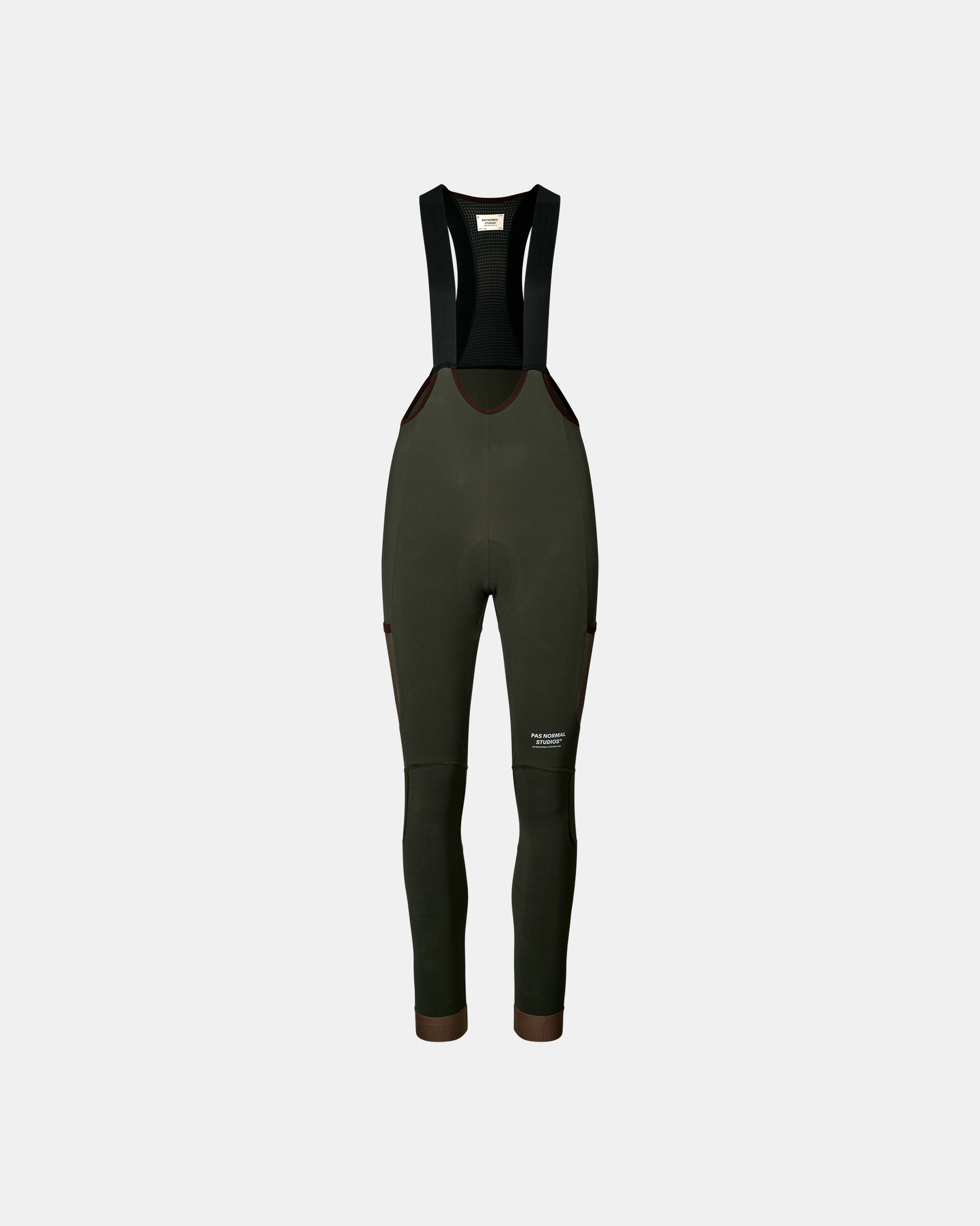 Dark Olive Escapism Long Cargo cycling bib tights, front flat lay with brown contrast trim and thigh cargo pockets
