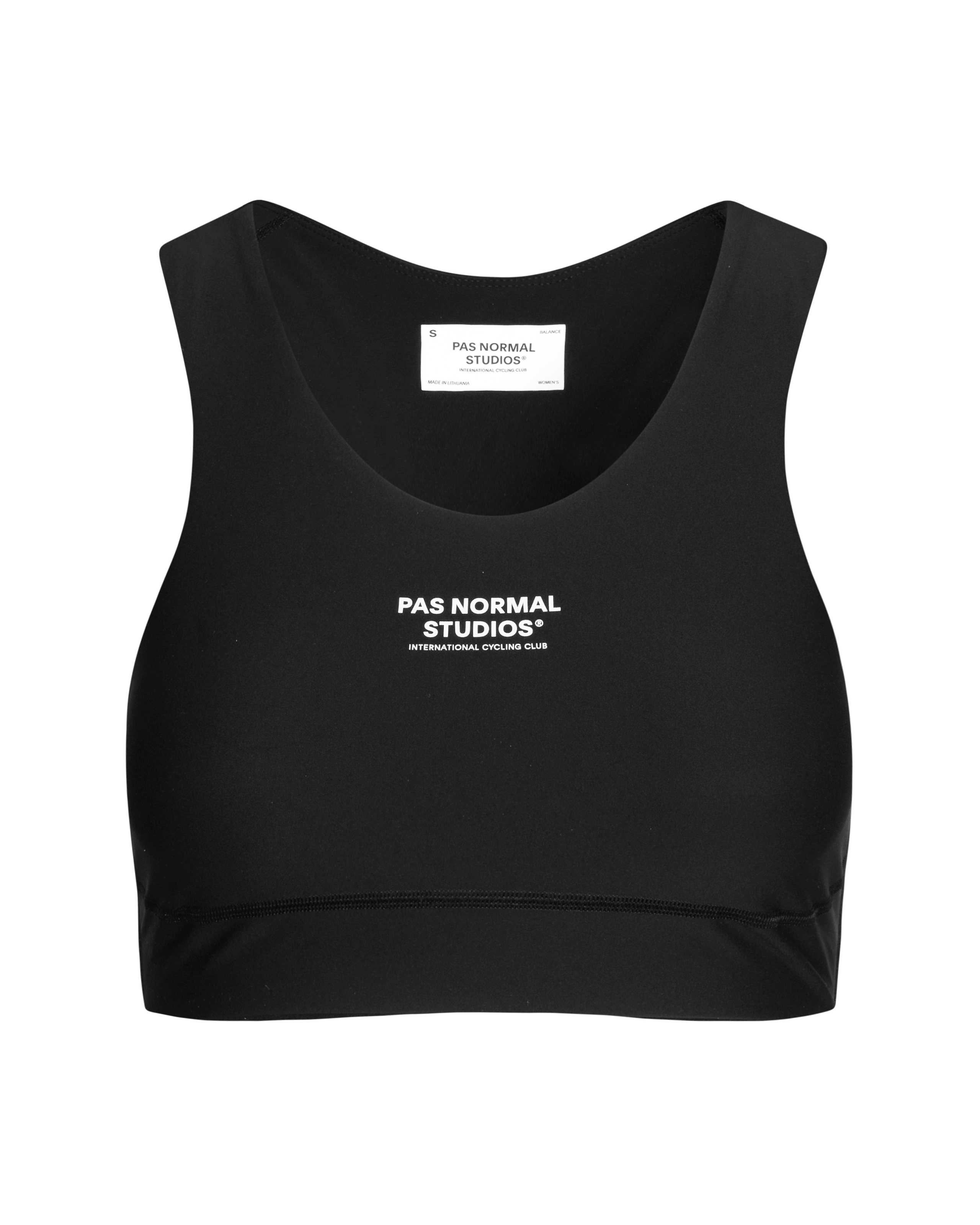Black Balance bra, front flat lay with white chest logo