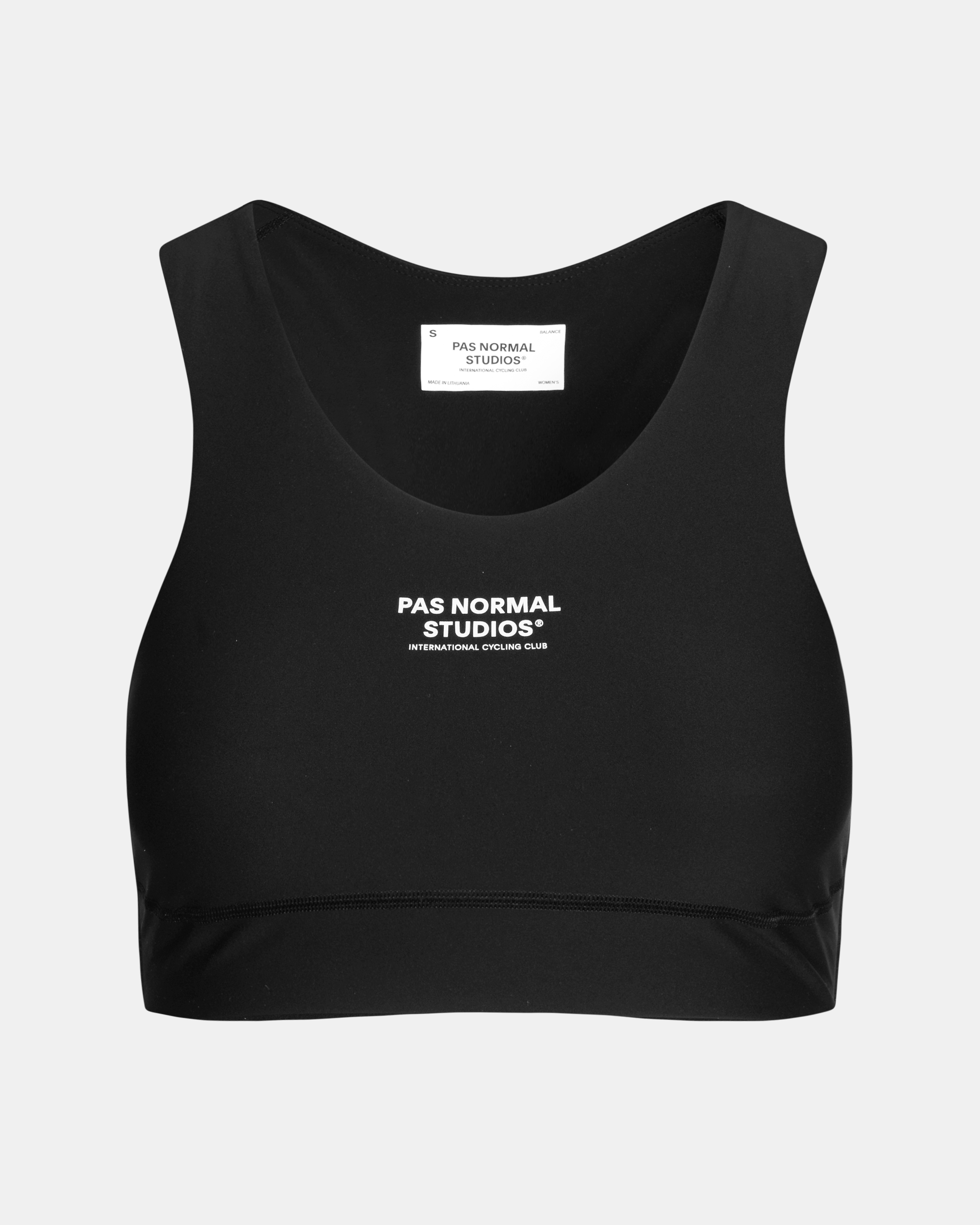 Black Balance bra, front flat lay with white chest logo