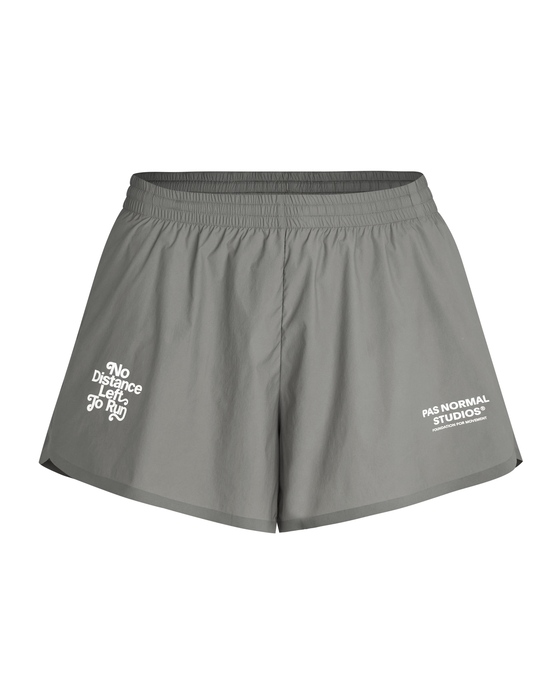 Grey Balance shorts front view with elastic waistband and white text prints
