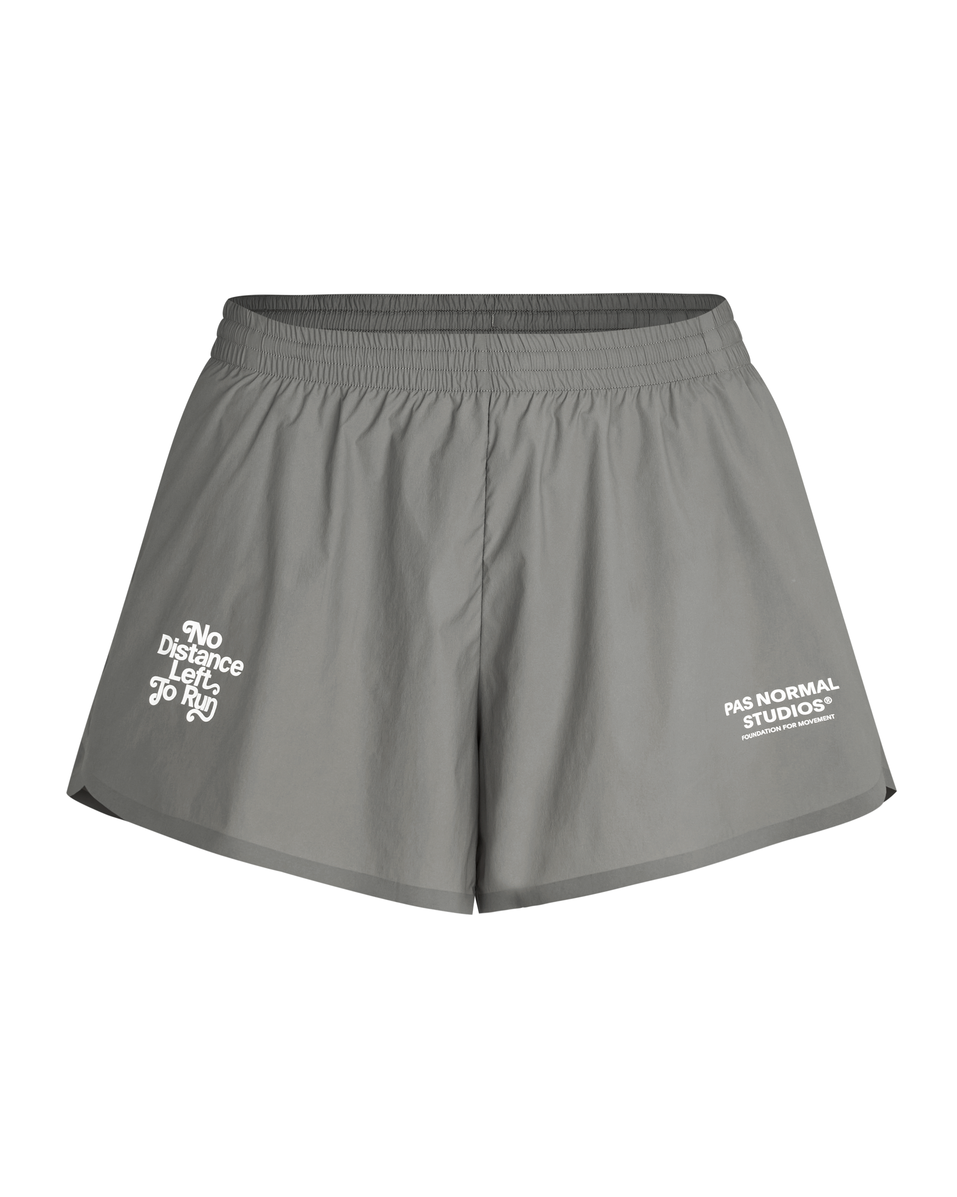 Grey Balance shorts front view with elastic waistband and white text prints