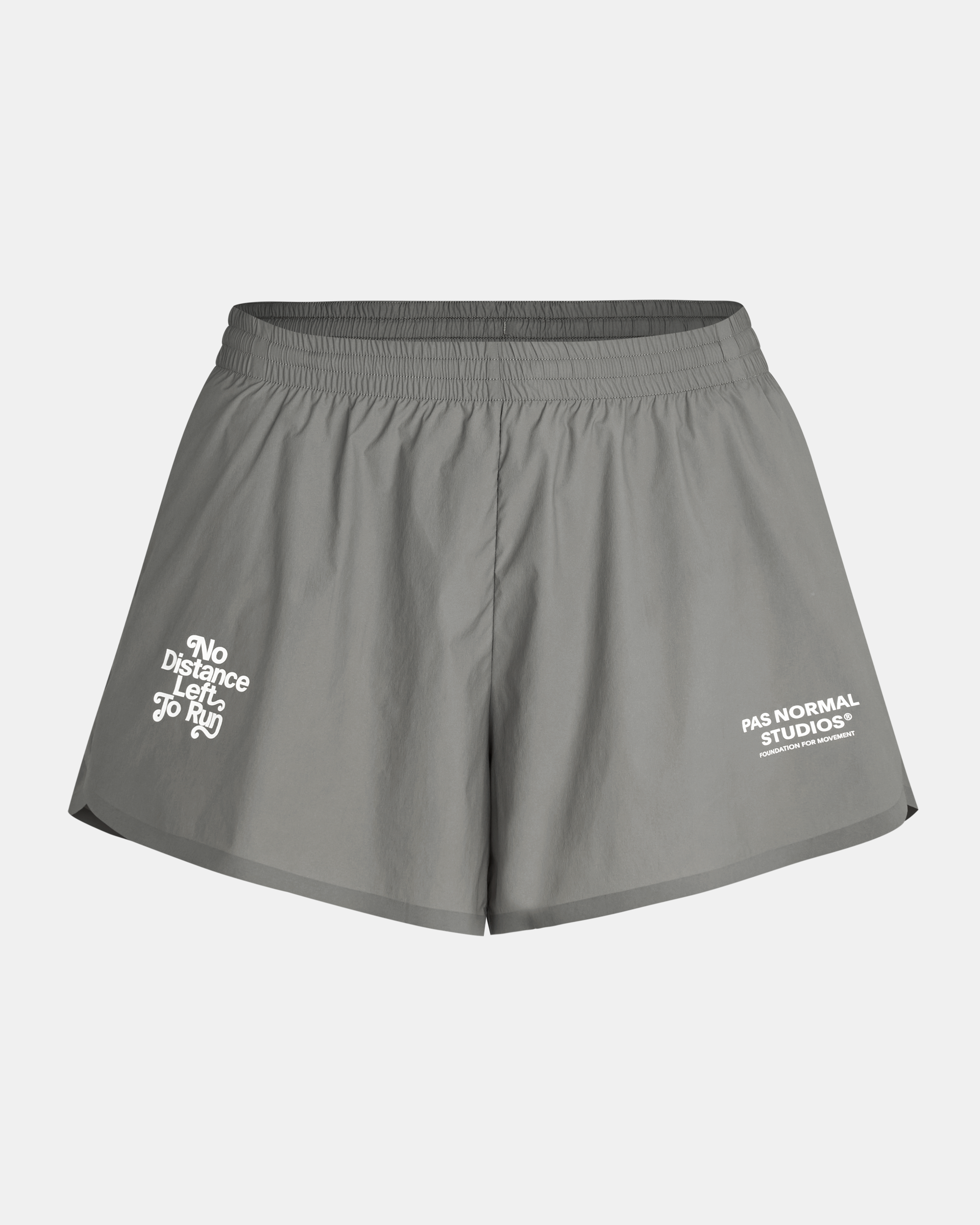 Grey Balance shorts front view with elastic waistband and white text prints