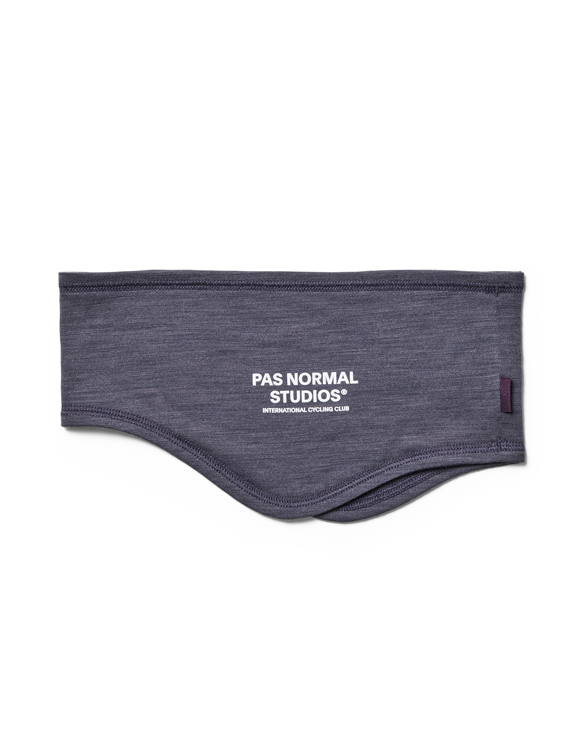 Grey Logo Merino headband, flat lay with white logo print