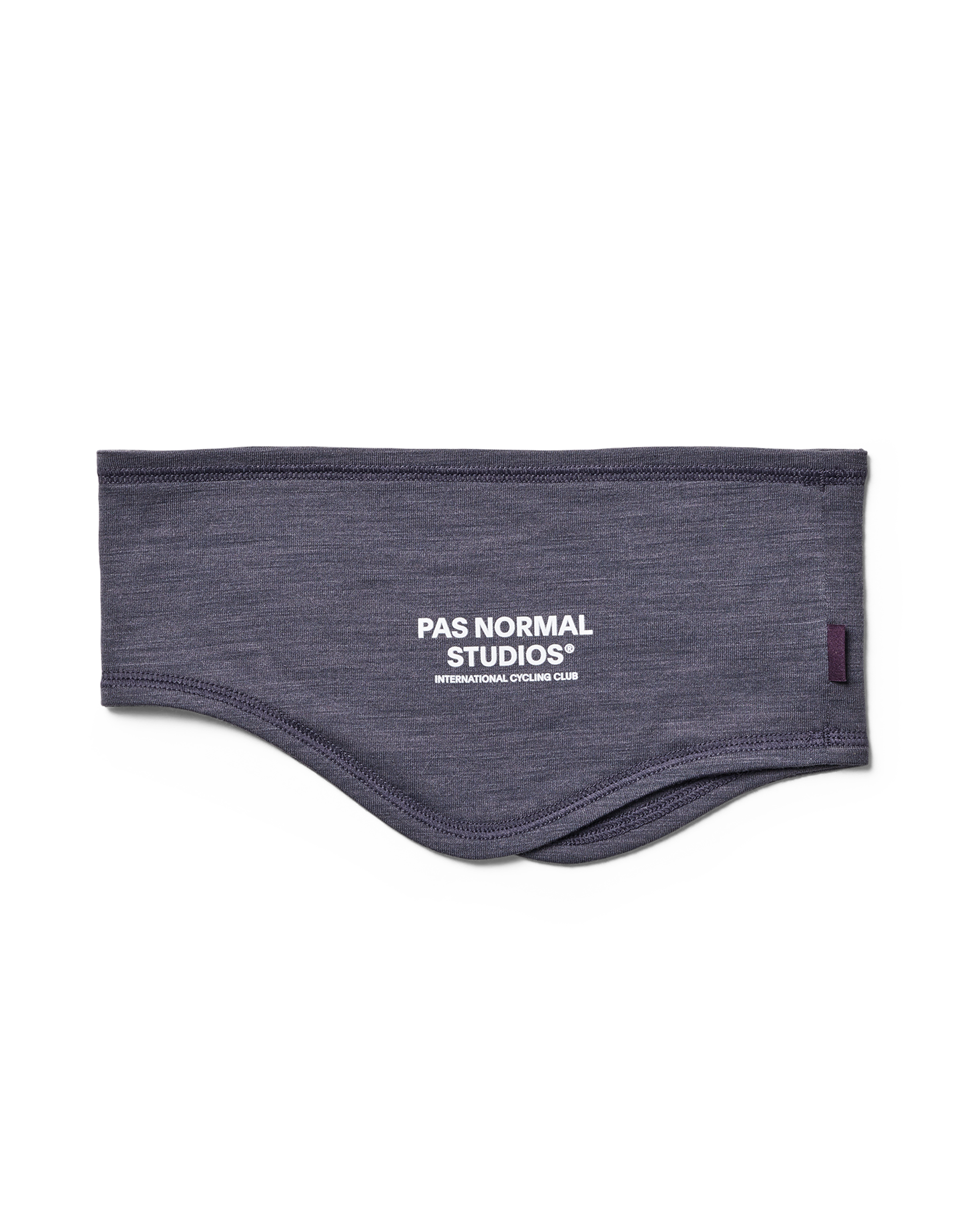 Grey Logo Merino headband, flat lay with white logo print