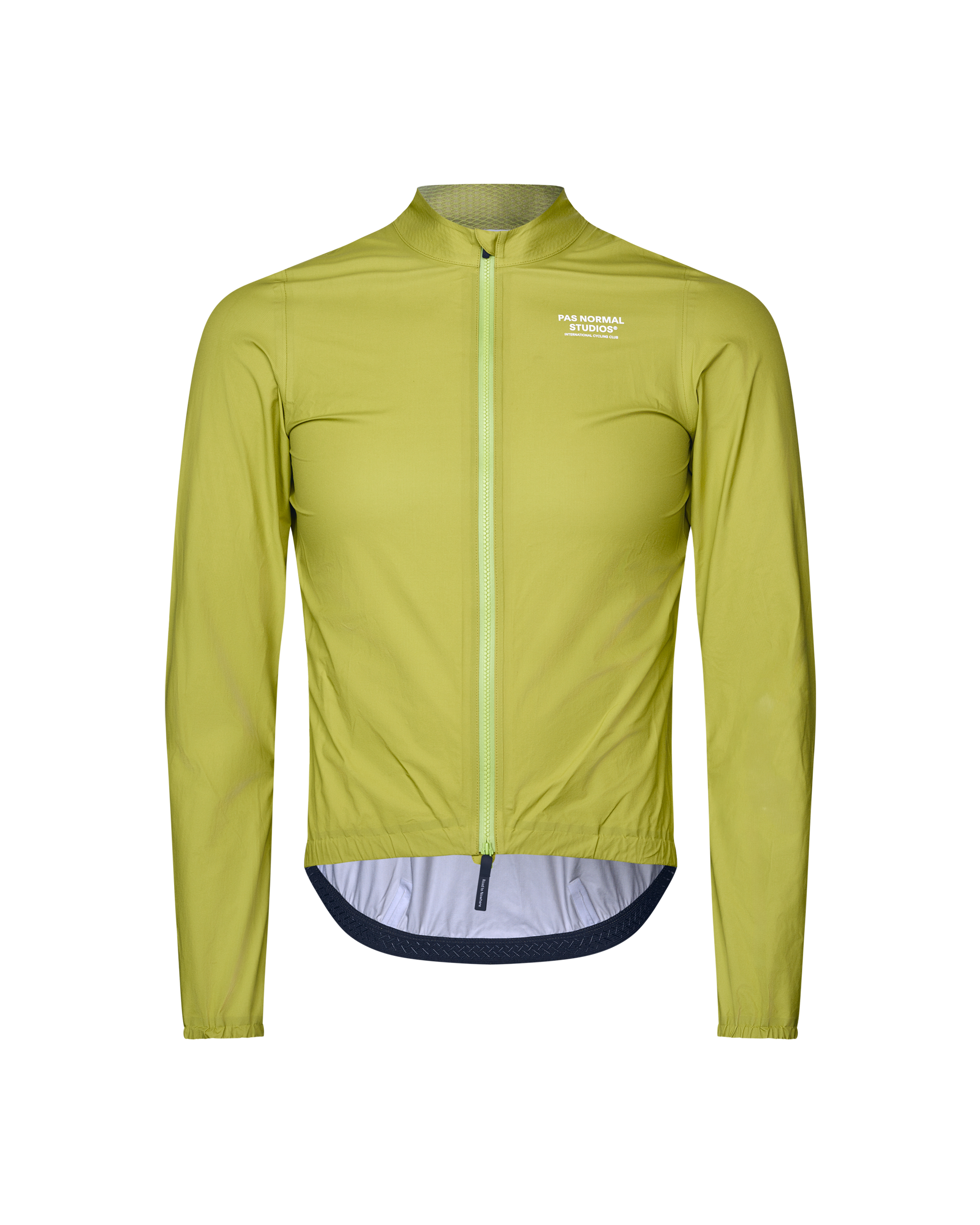 Moss Green Mechanism Rain cycling jacket, front view with full zip and elasticated hem