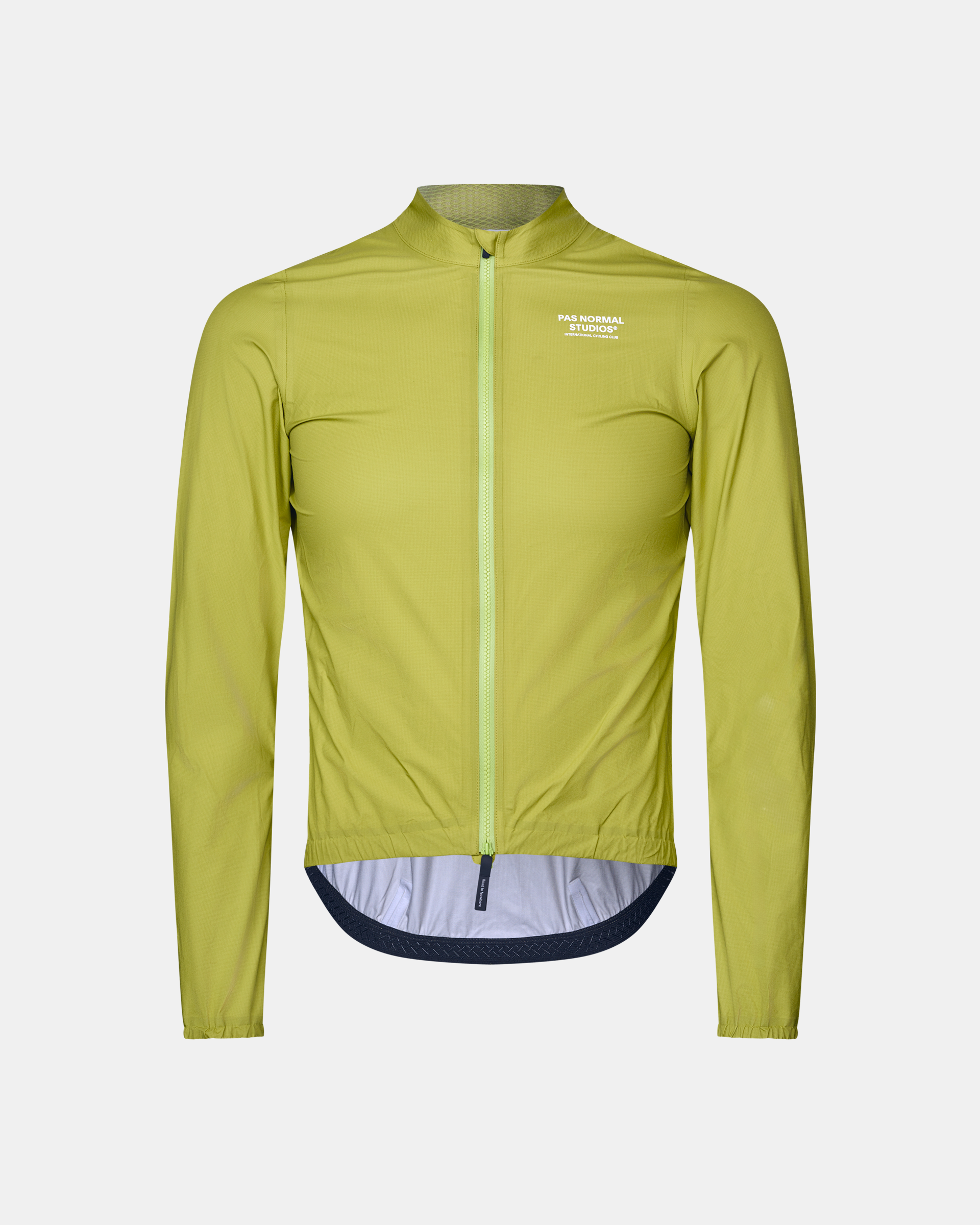 Moss Green Mechanism Rain cycling jacket, front view with full zip and elasticated hem
