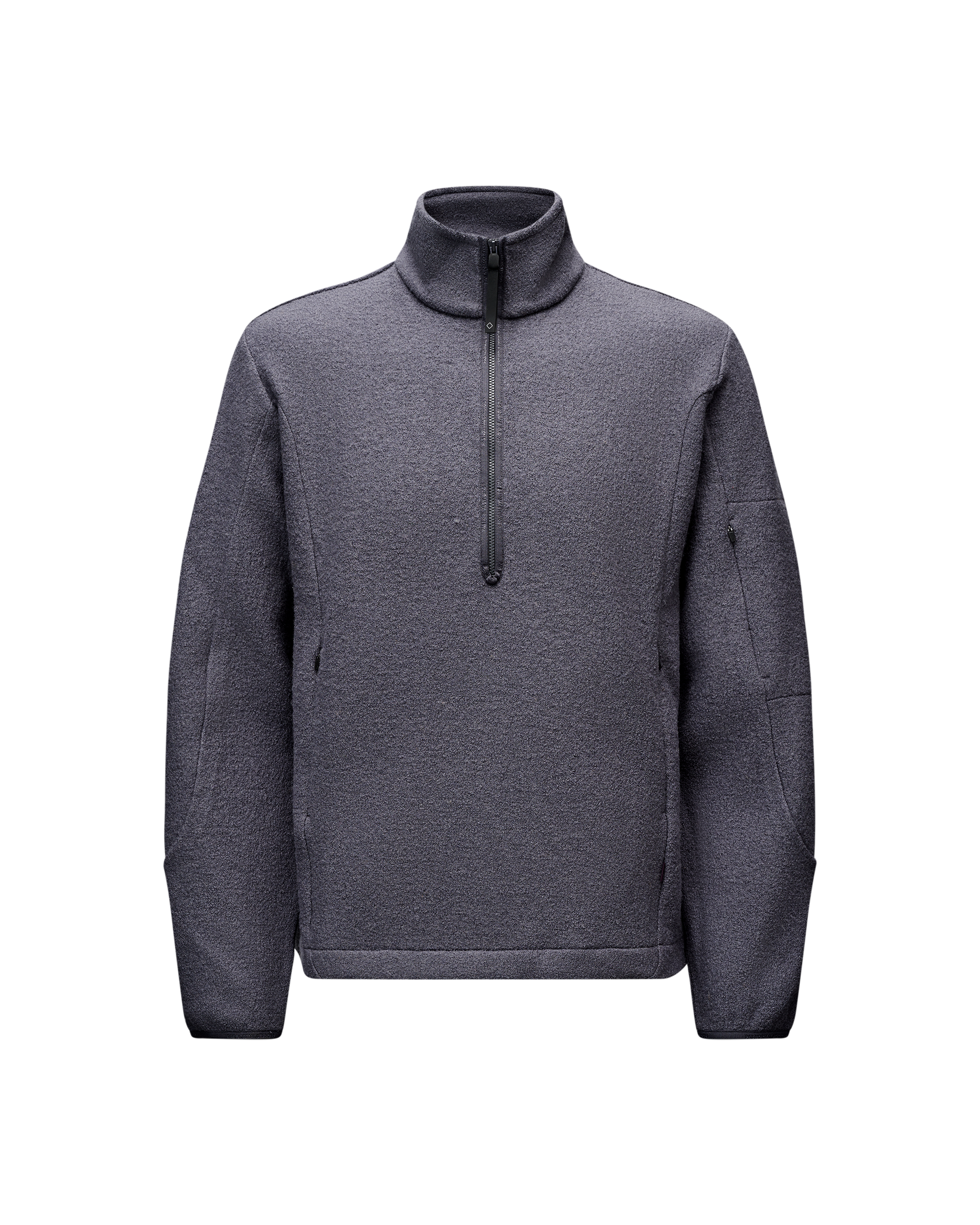 Steel grey Off-Race Boiled Wool Half-Zip pullover, front flat lay with quarter zip and side pockets