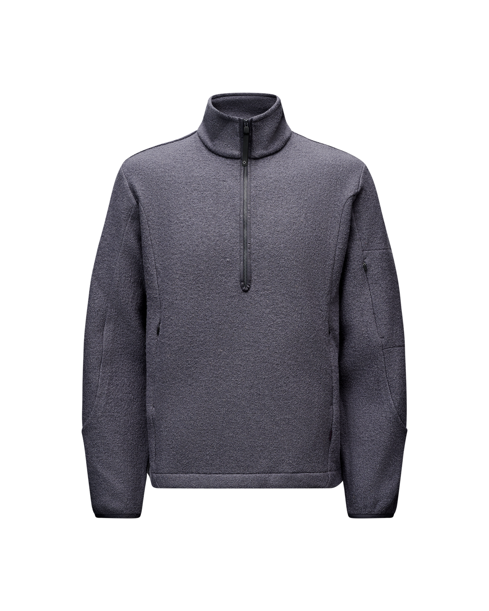 Steel grey Off-Race Boiled Wool Half-Zip pullover, front flat lay with quarter zip and side pockets