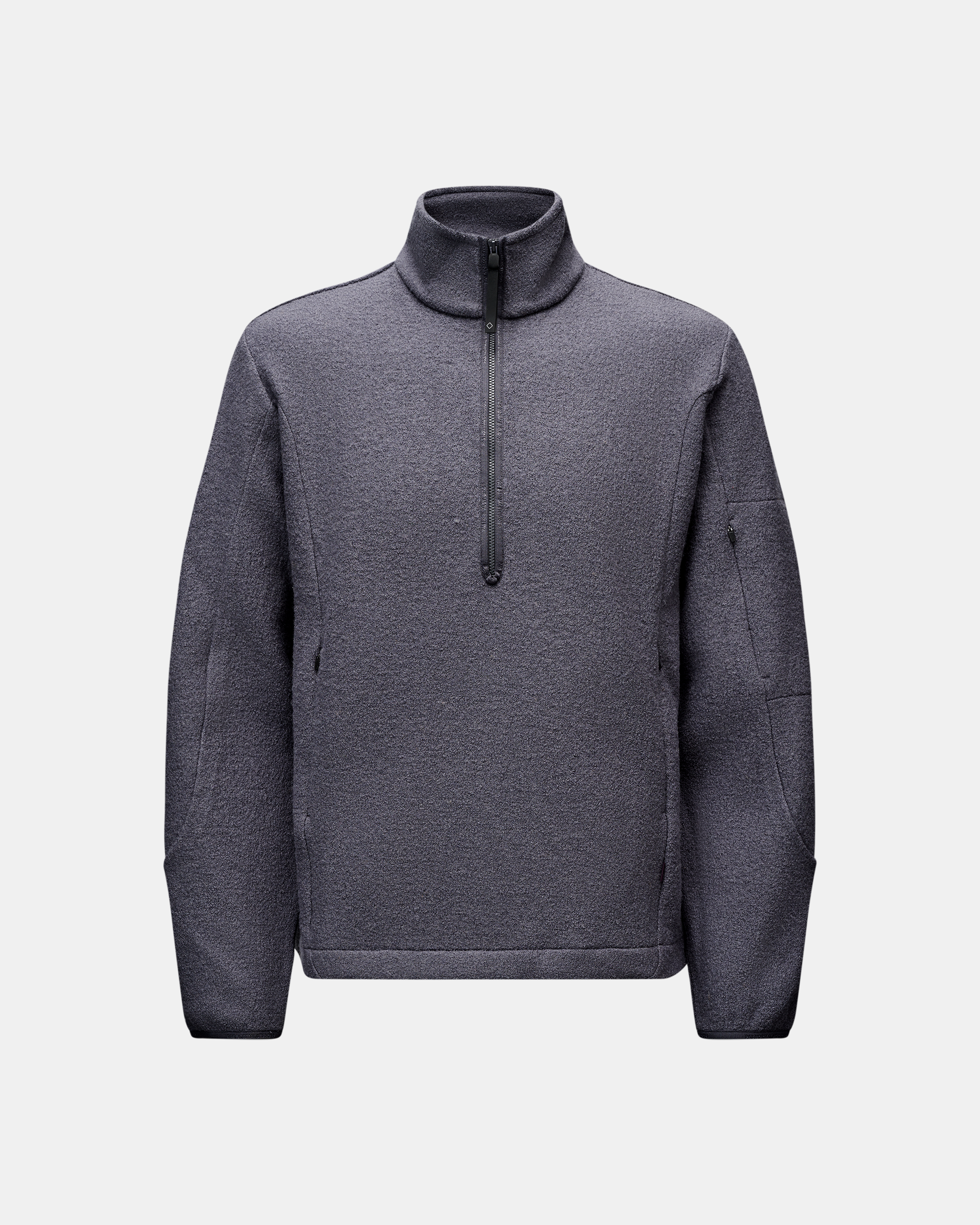 Steel grey Off-Race Boiled Wool Half-Zip pullover, front flat lay with quarter zip and side pockets