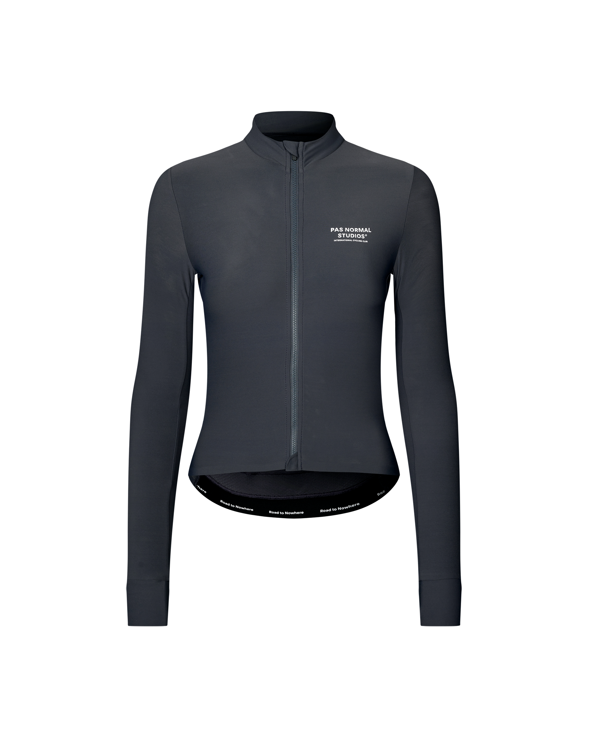 Dark Navy Mechanism long sleeve cycling jersey, front flat lay with white chest print and printed hem band
