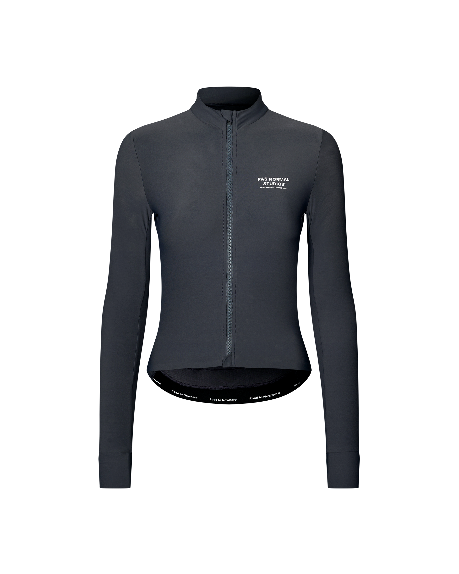 Dark Navy Mechanism long sleeve cycling jersey, front flat lay with white chest print and printed hem band