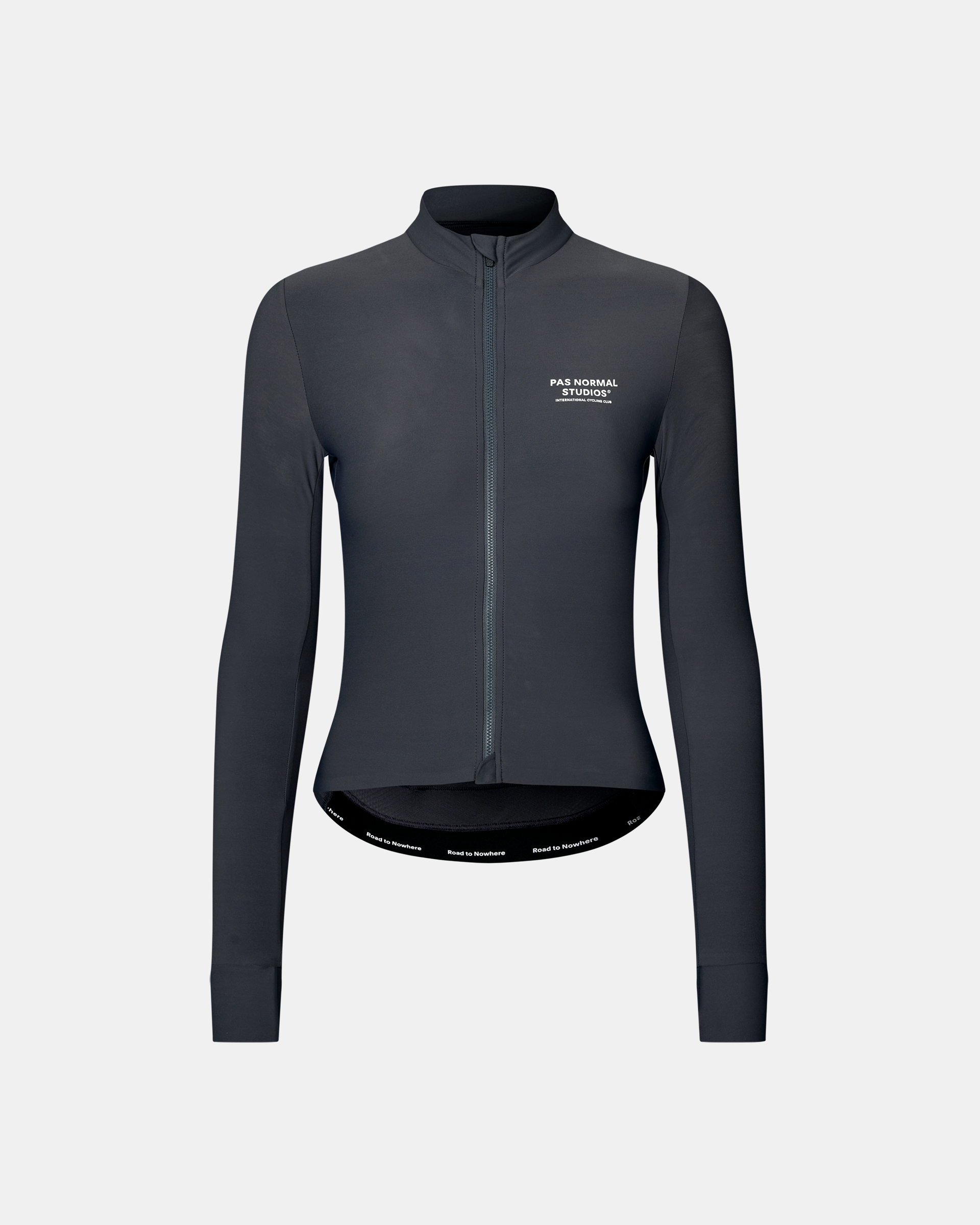 Dark Navy Mechanism long sleeve cycling jersey, front flat lay with white chest print and printed hem band
