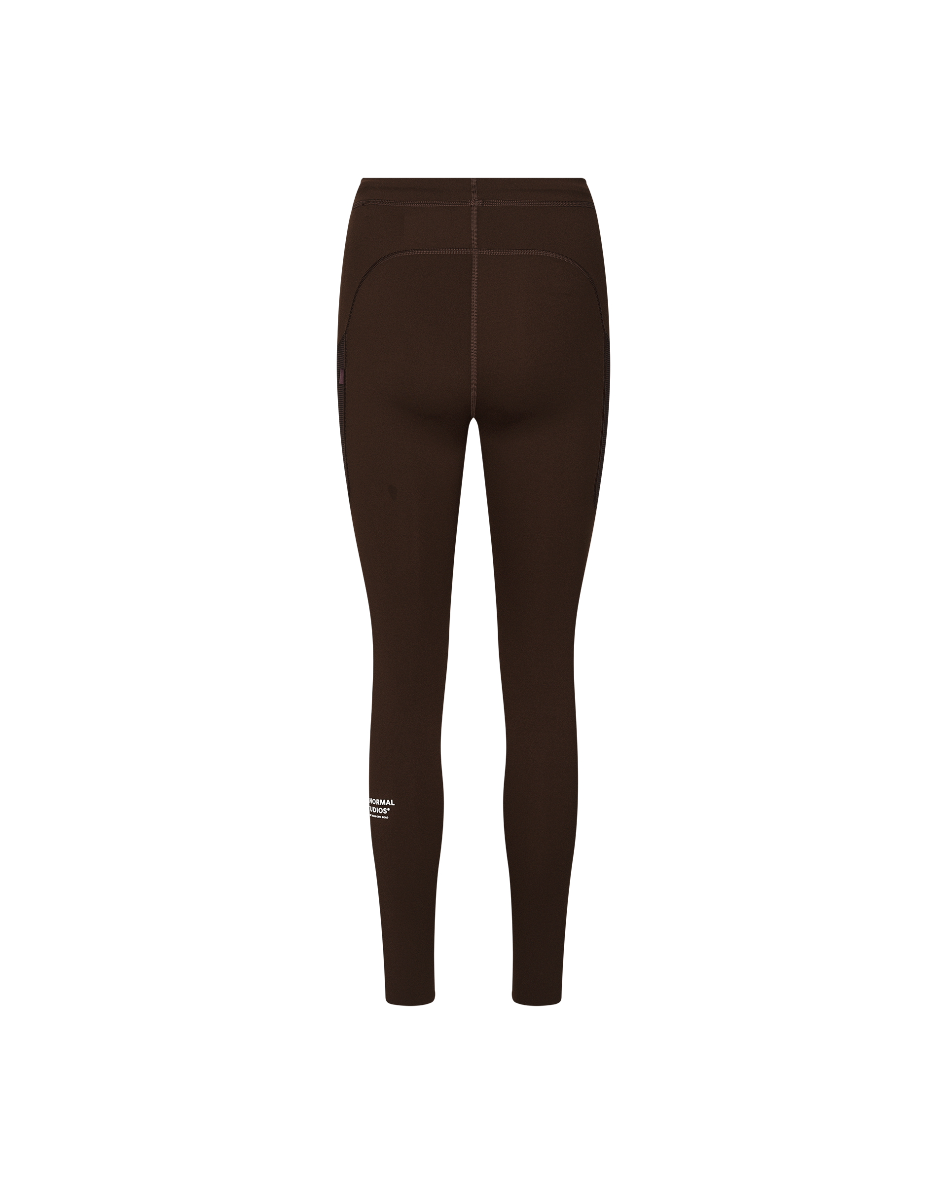 Dark Coffee brown Balance women's long cycling tights, rear flat lay with curved waistband seam
