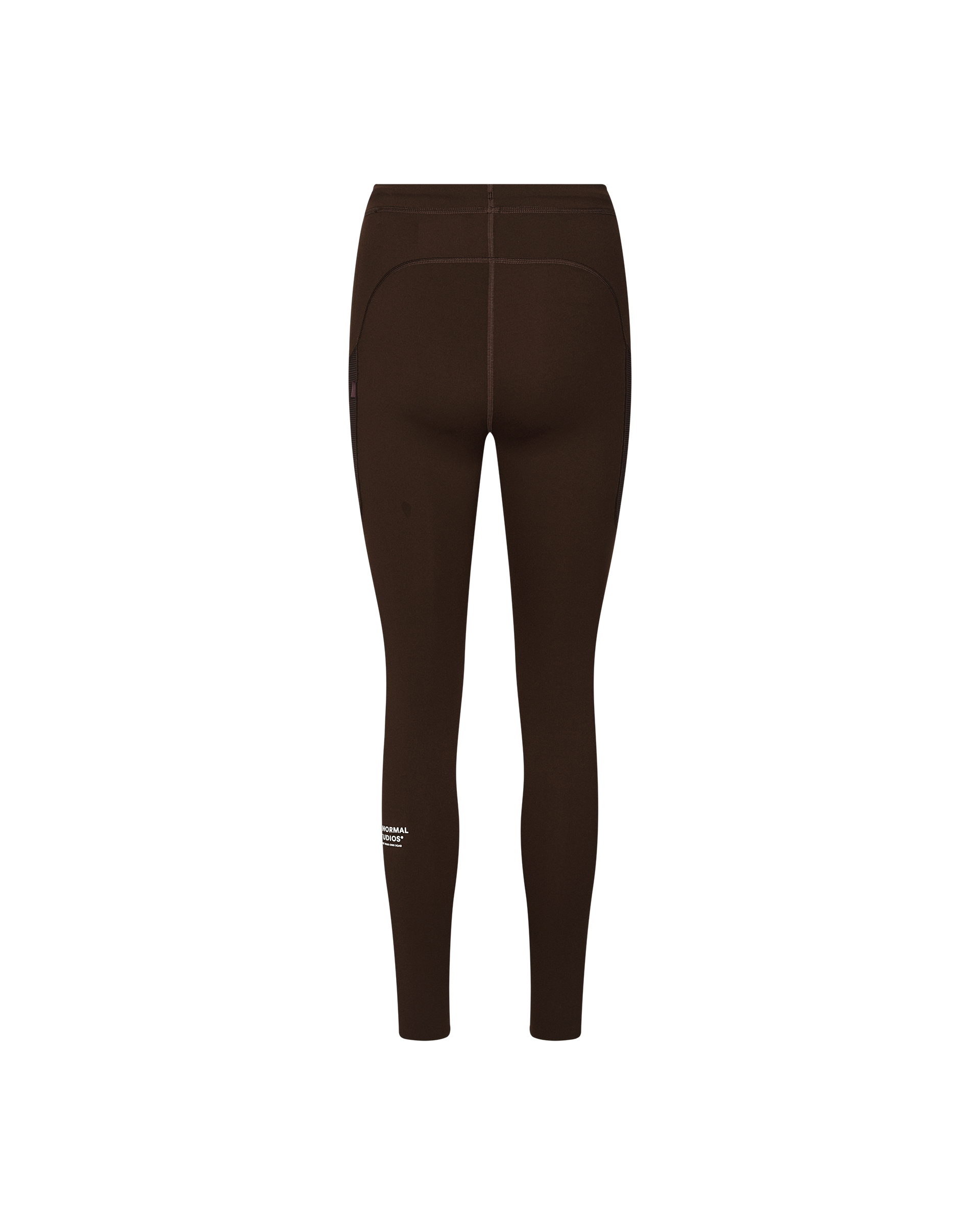 Dark Coffee brown Balance women's long cycling tights, rear flat lay with curved waistband seam