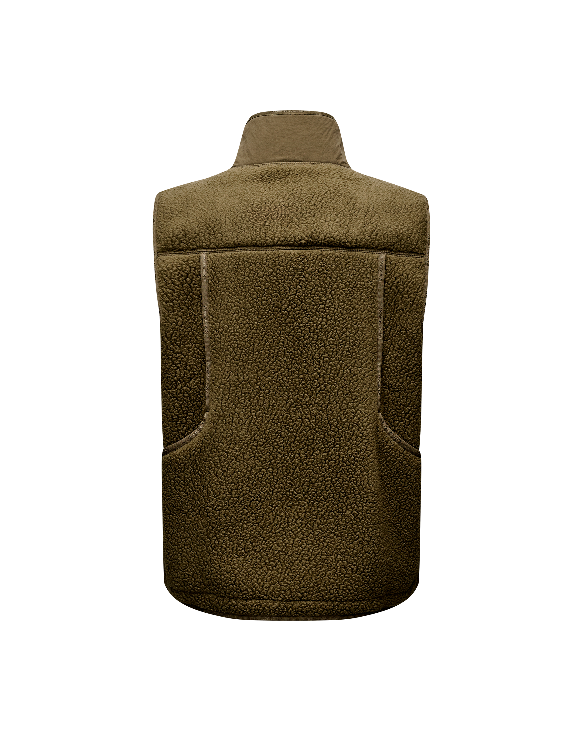 Deep Olive Off-Race Pile Fleece vest, rear flat lay with sherpa texture and contrast collar panel