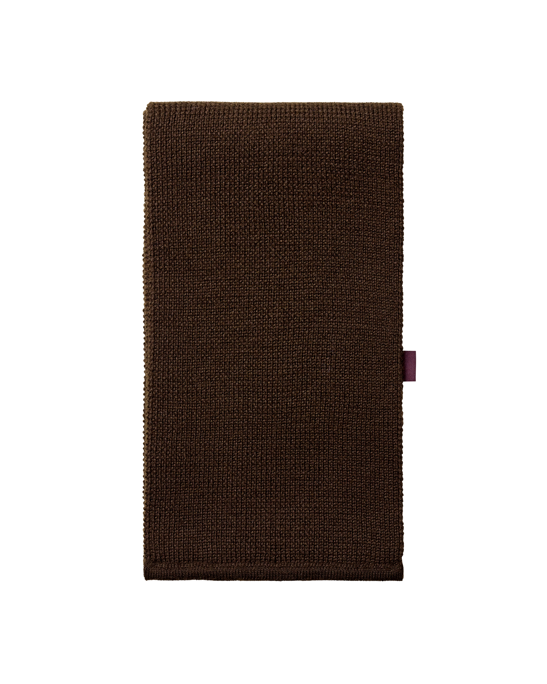 Light Brown Off-Race Wool Knit Scarf, front flat lay with ribbed texture and side woven label
