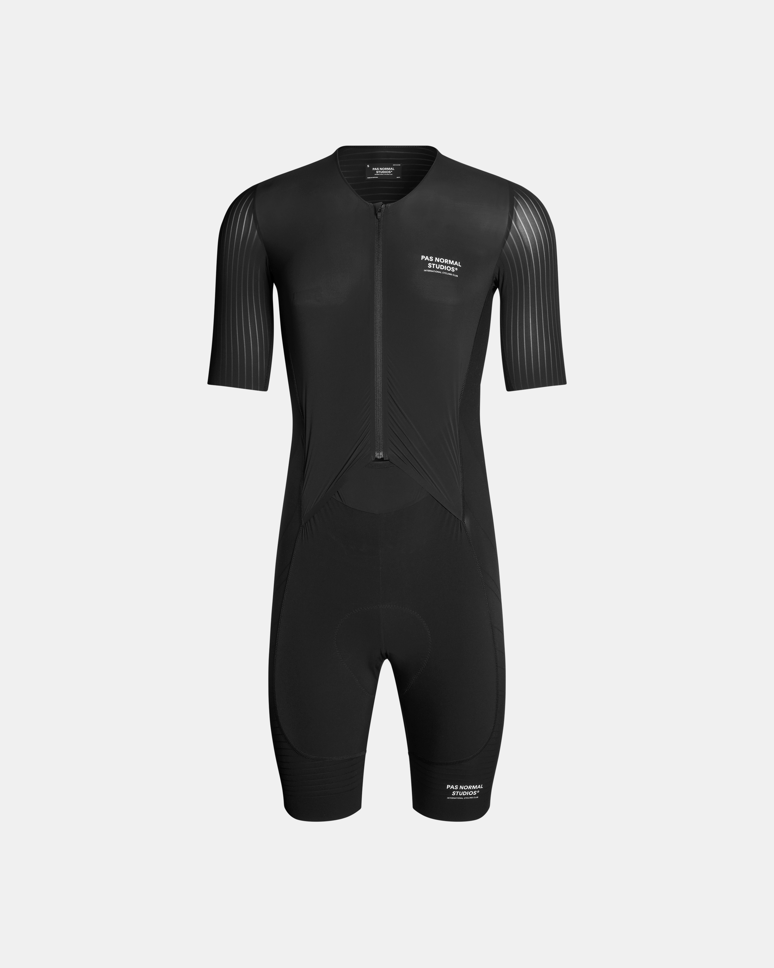 Black Mechanism Pro Speedsuit cycling skinsuit, front view with ribbed sleeves