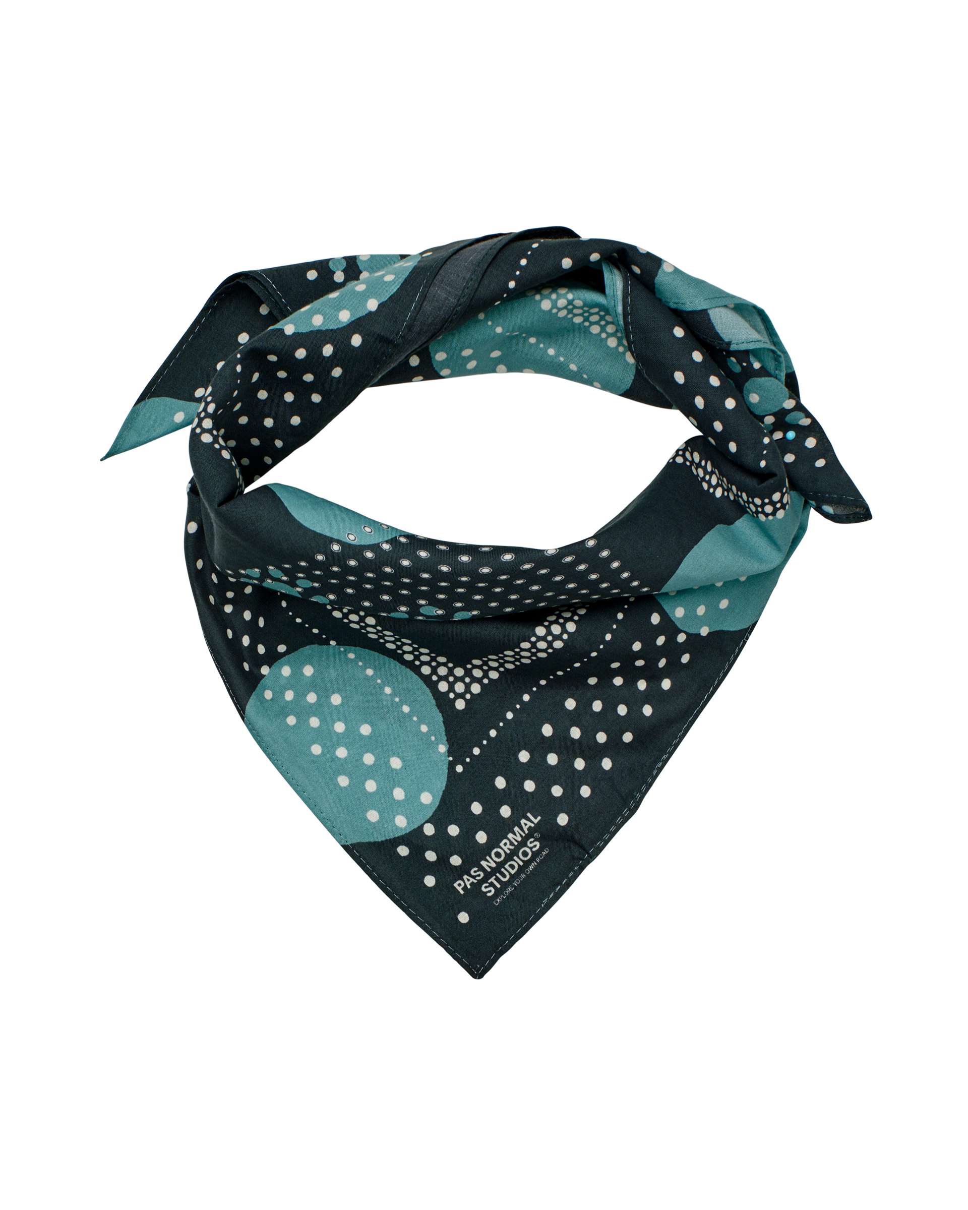Navy Essential Off-Race bandana flat lay with teal and white polka dot geometric pattern