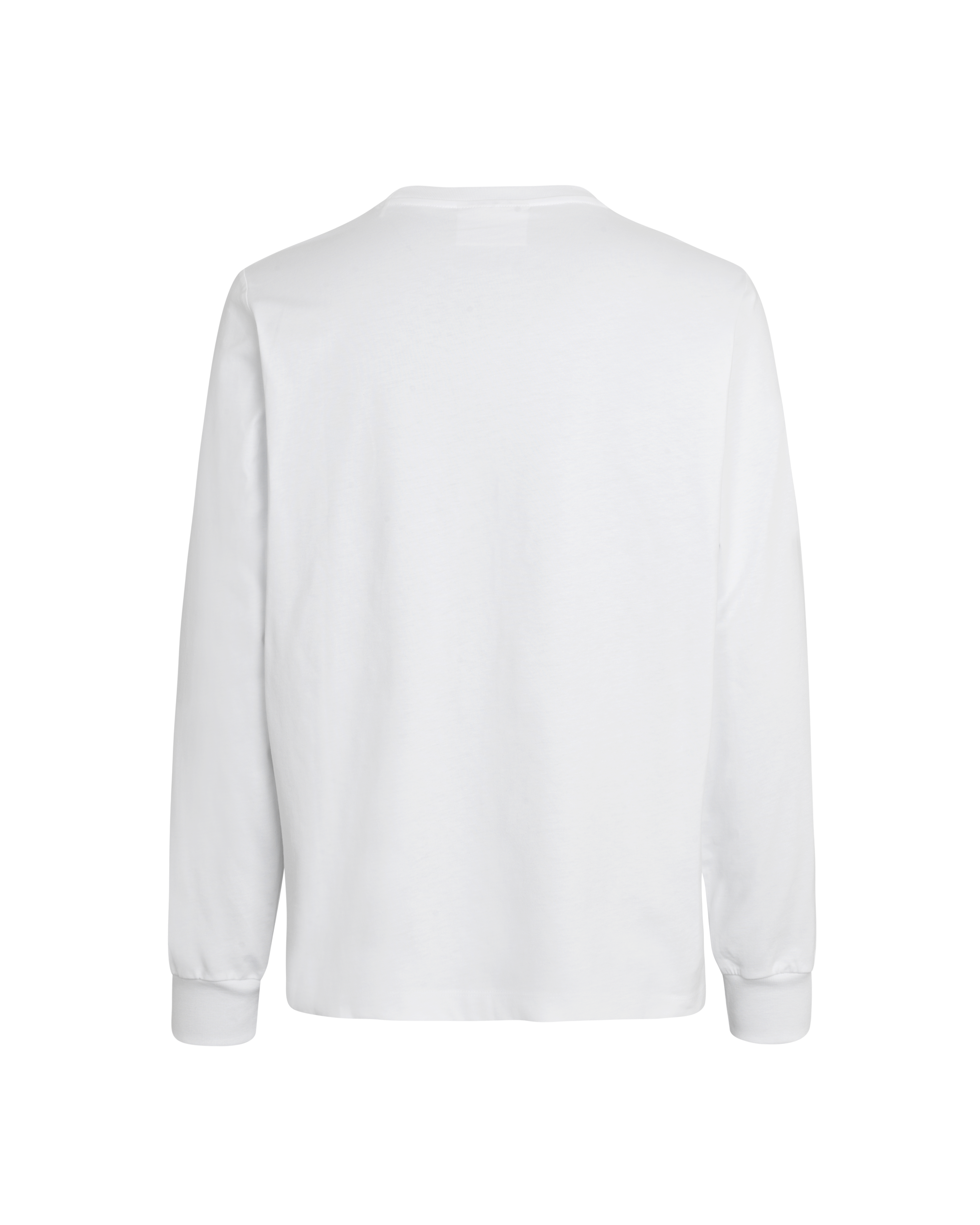 White Off-Race Graphic long sleeve t-shirt, rear flat lay with ribbed cuffs