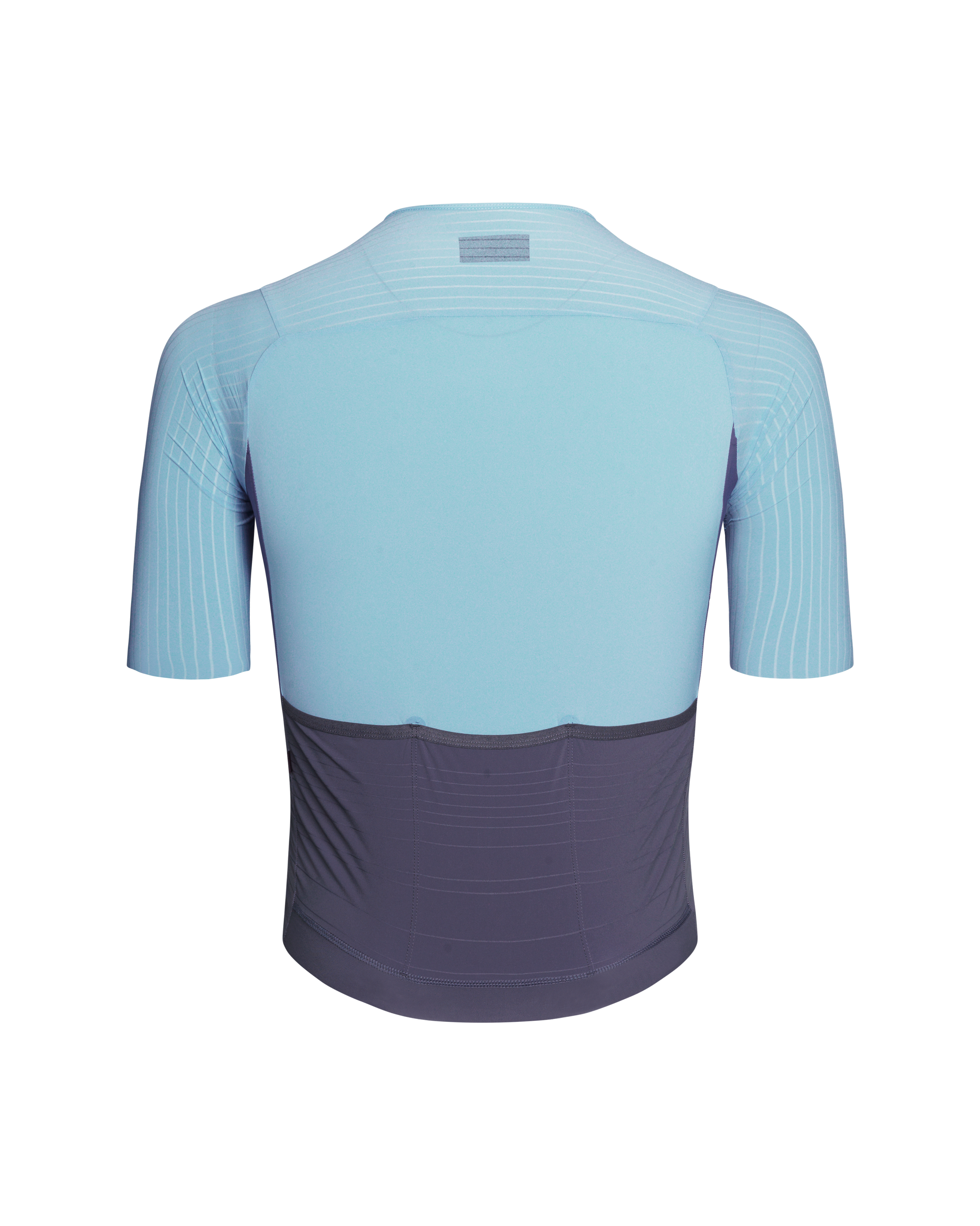 Light Blue Mechanism Pro cycling jersey, rear view with grey lower panel and ribbed sleeves