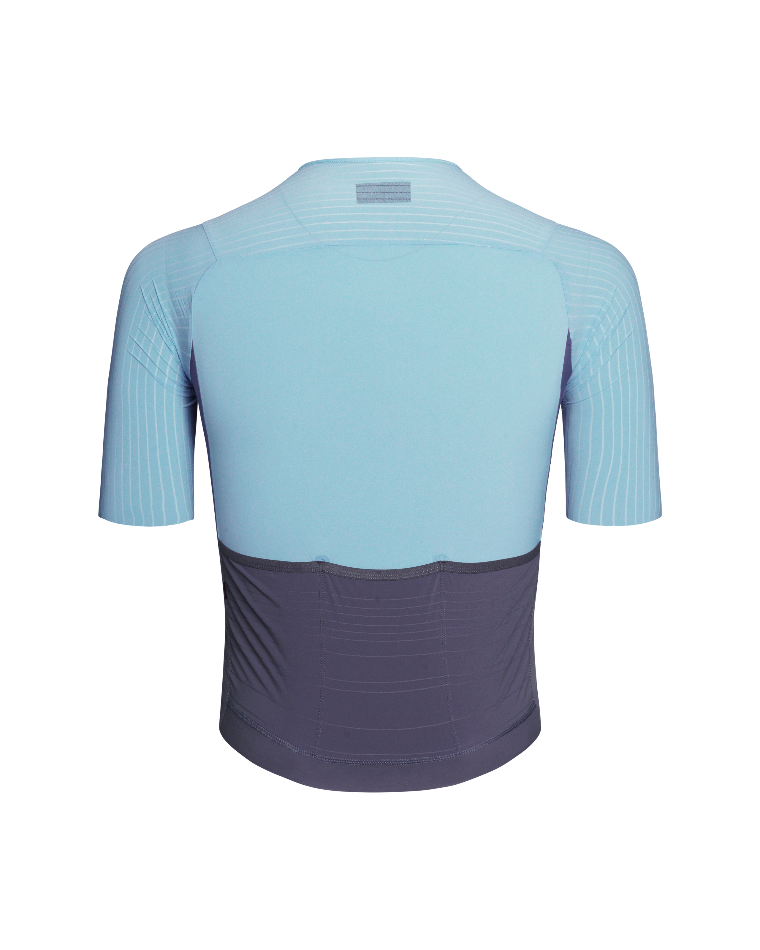 Light Blue Mechanism Pro cycling jersey, rear view with grey lower panel and ribbed sleeves