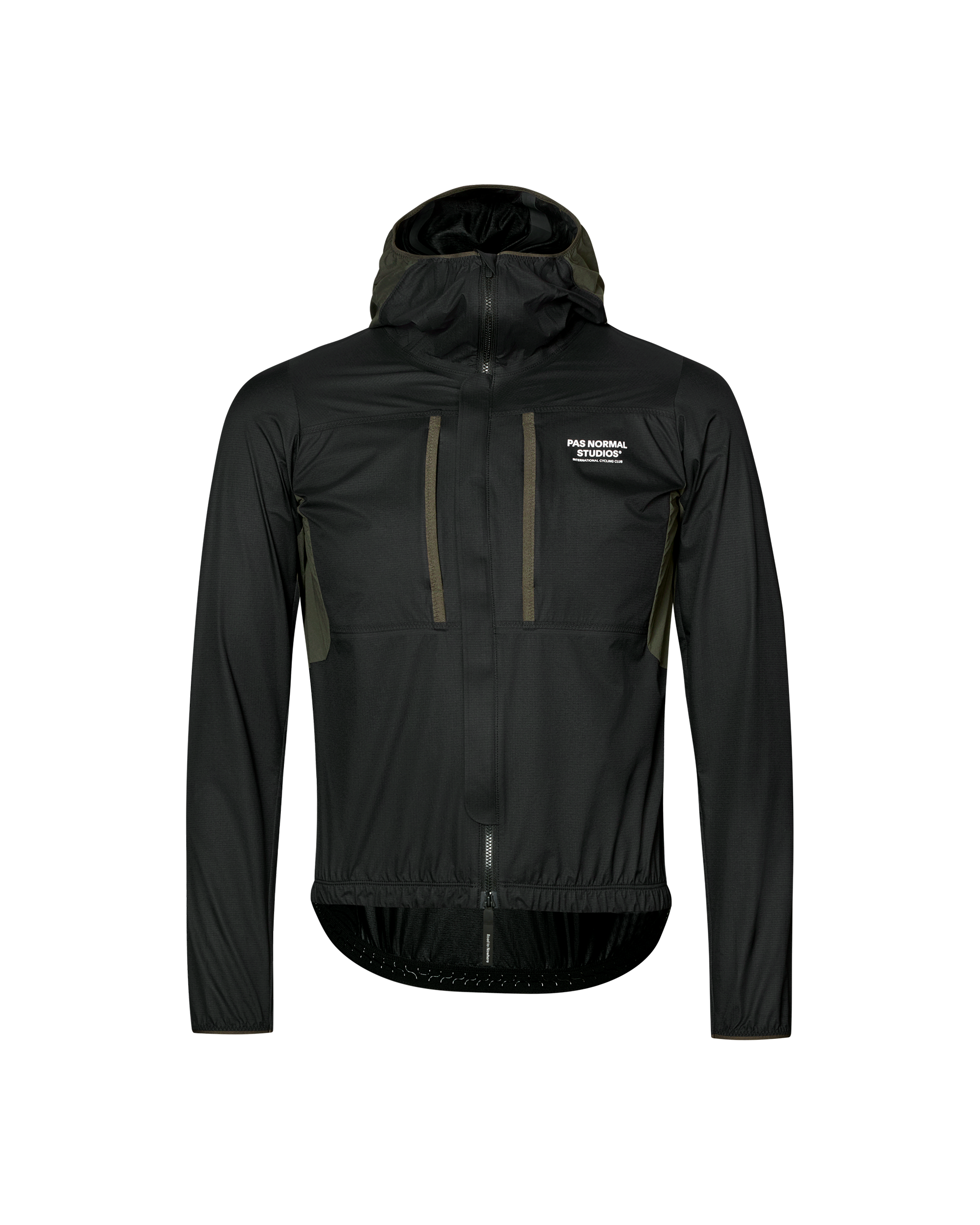 Black Escapism Hooded Lightweight cycling jacket, front flat lay with olive contrast panels and full zip