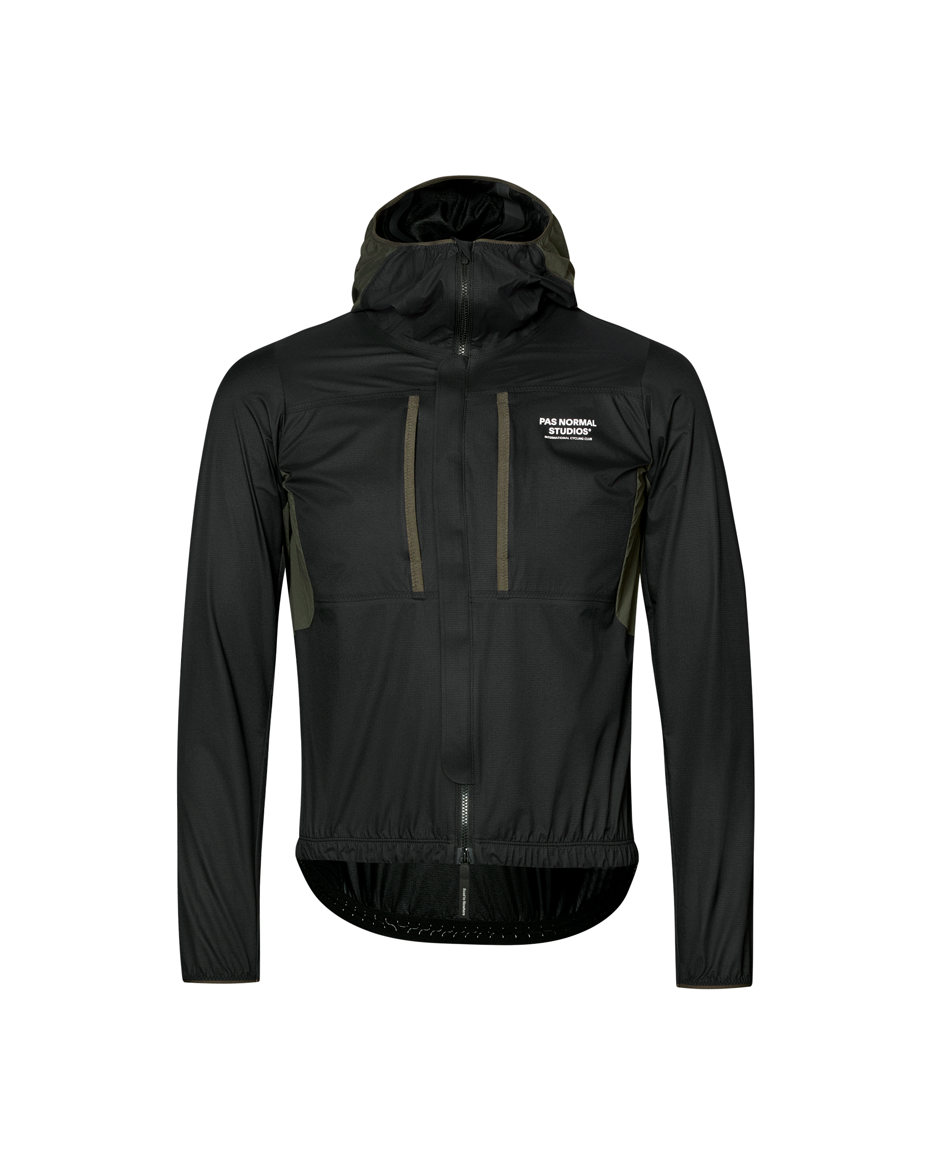 Black Escapism Hooded Lightweight cycling jacket, front flat lay with olive contrast panels and full zip