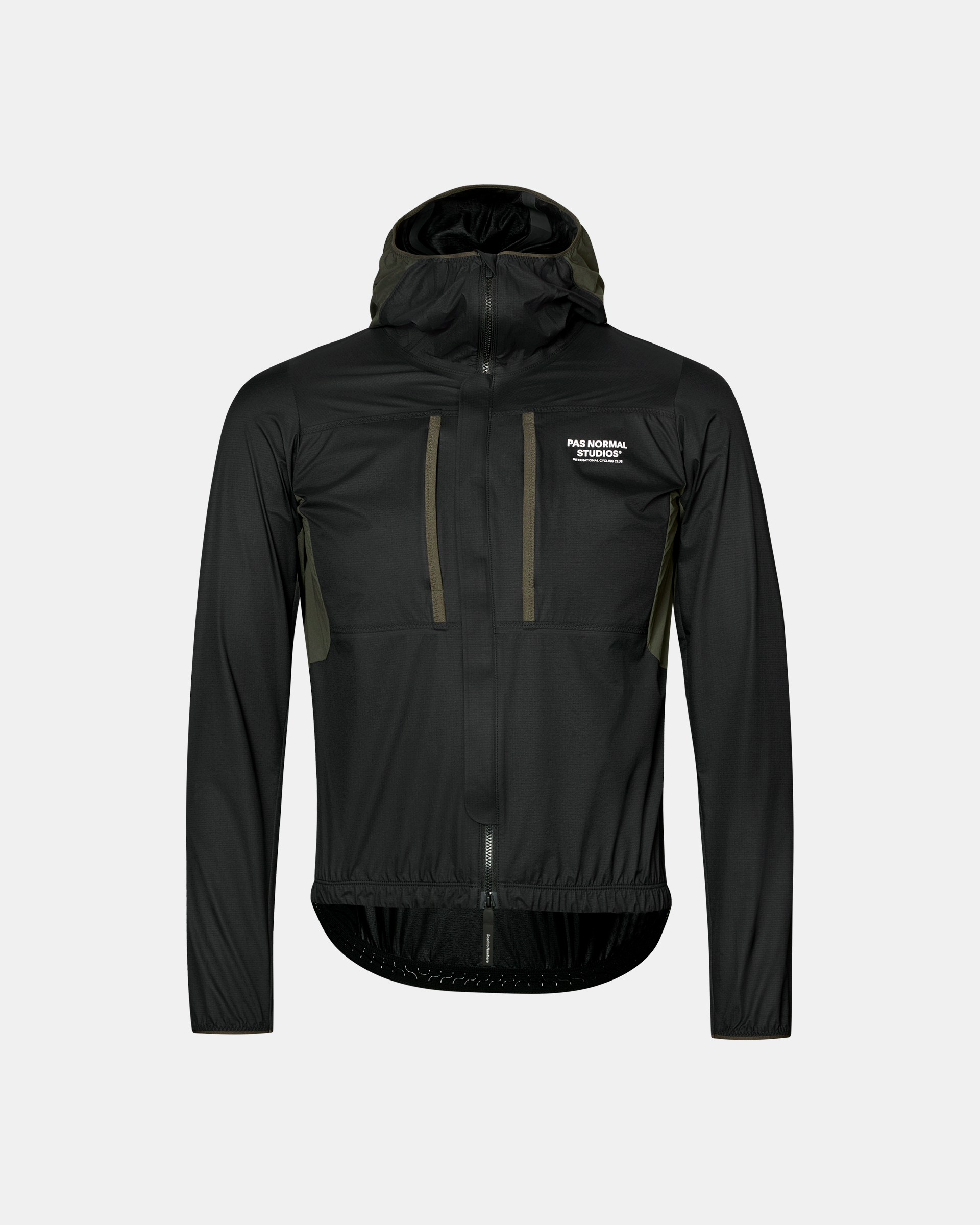 Black Escapism Hooded Lightweight cycling jacket, front flat lay with olive contrast panels and full zip
