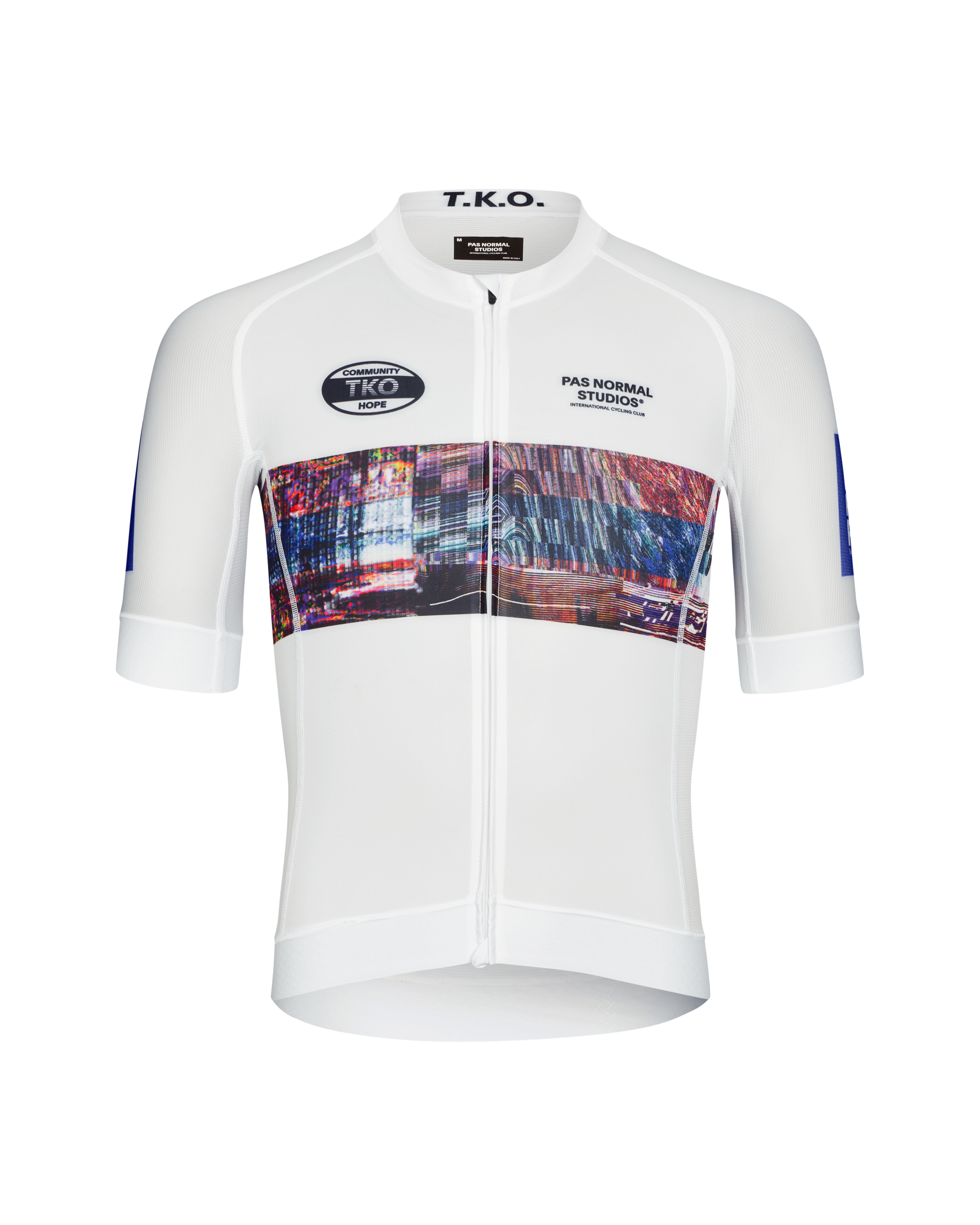 White T.K.O. Mechanism cycling jersey, front flat lay with cityscape glitch graphic chest panel