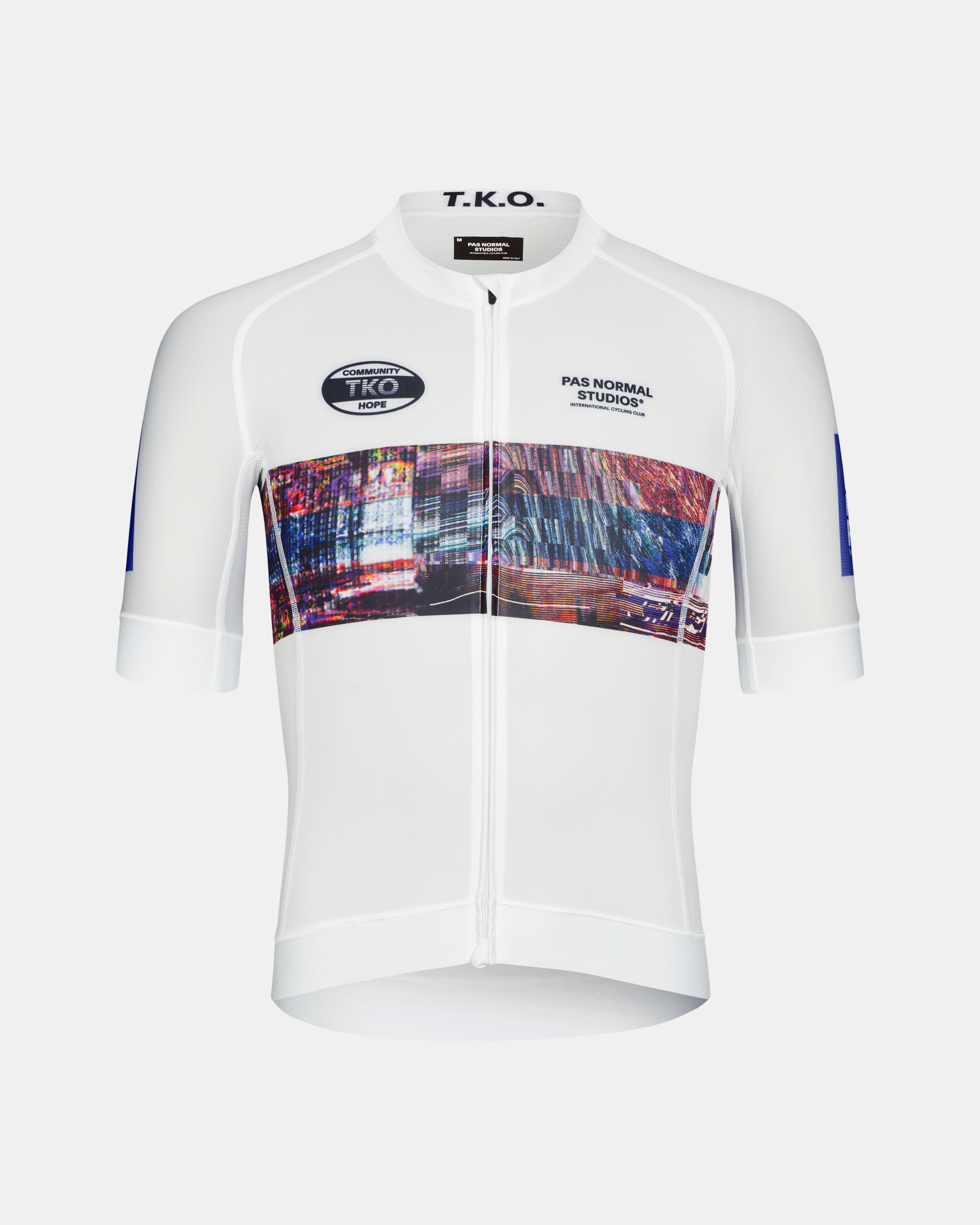White T.K.O. Mechanism cycling jersey, front flat lay with cityscape glitch graphic chest panel