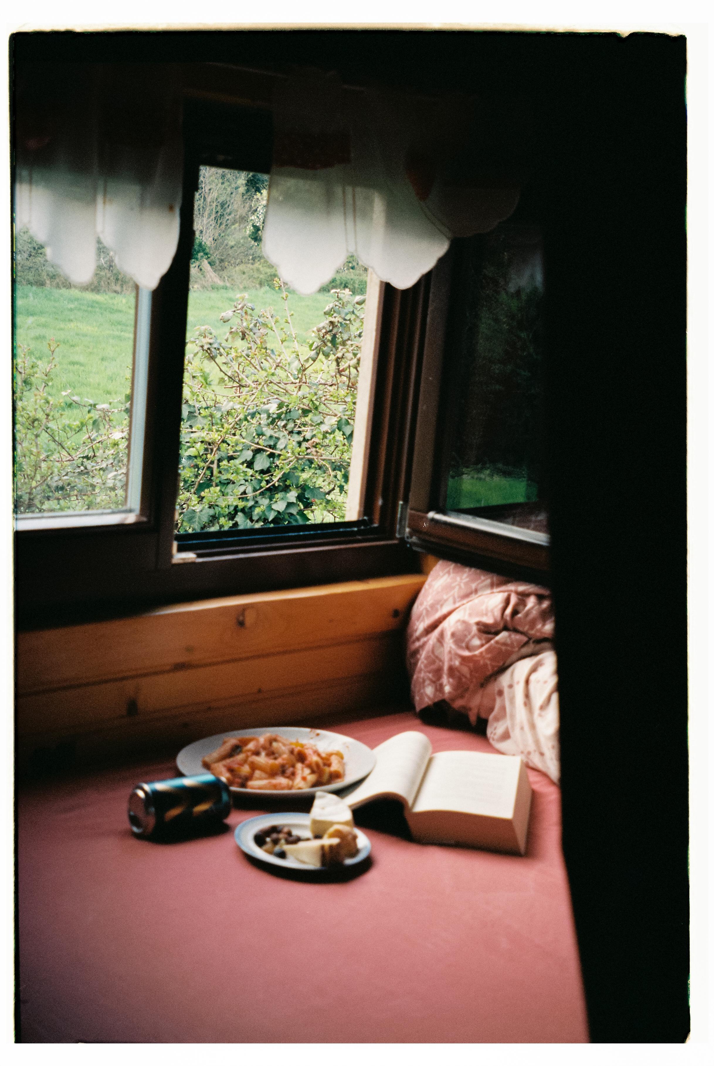 Cozy interior scene with food, book, and pillow by window overlooking green countryside