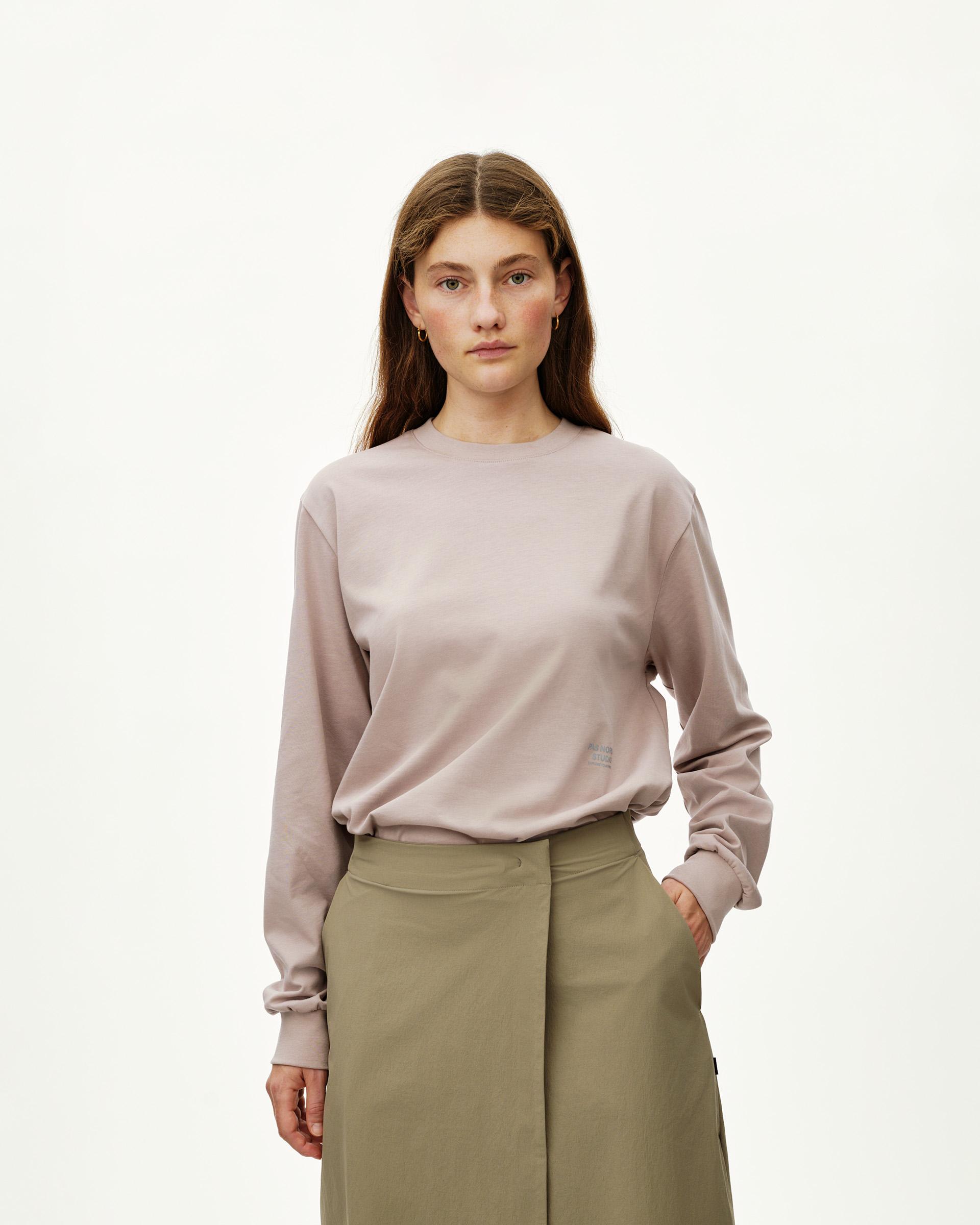 Haze purple Off-Race long sleeve graphic T-shirt on model, front view with small chest logo print