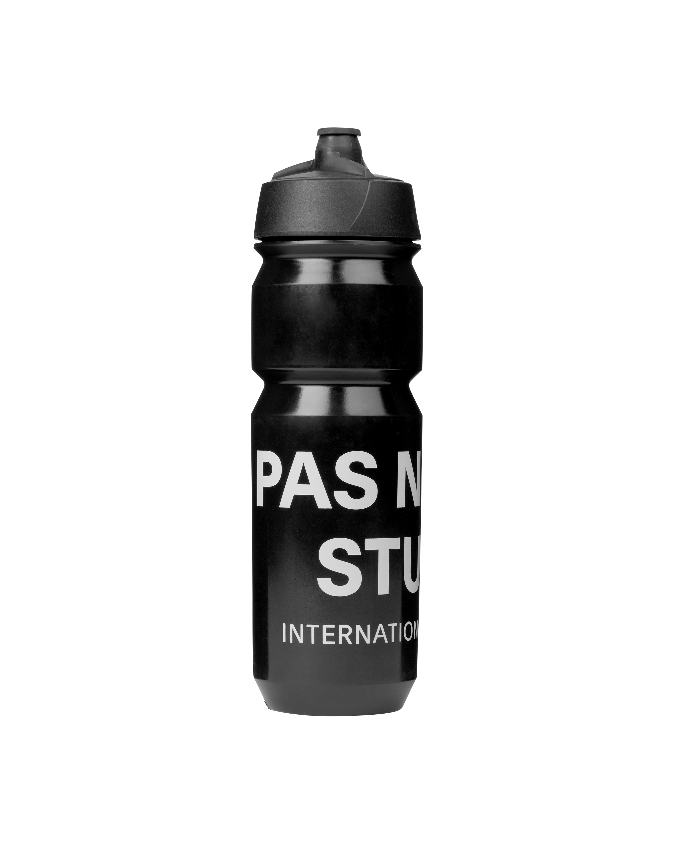 Black Escapism cycling water bottle, front view with bold white text print