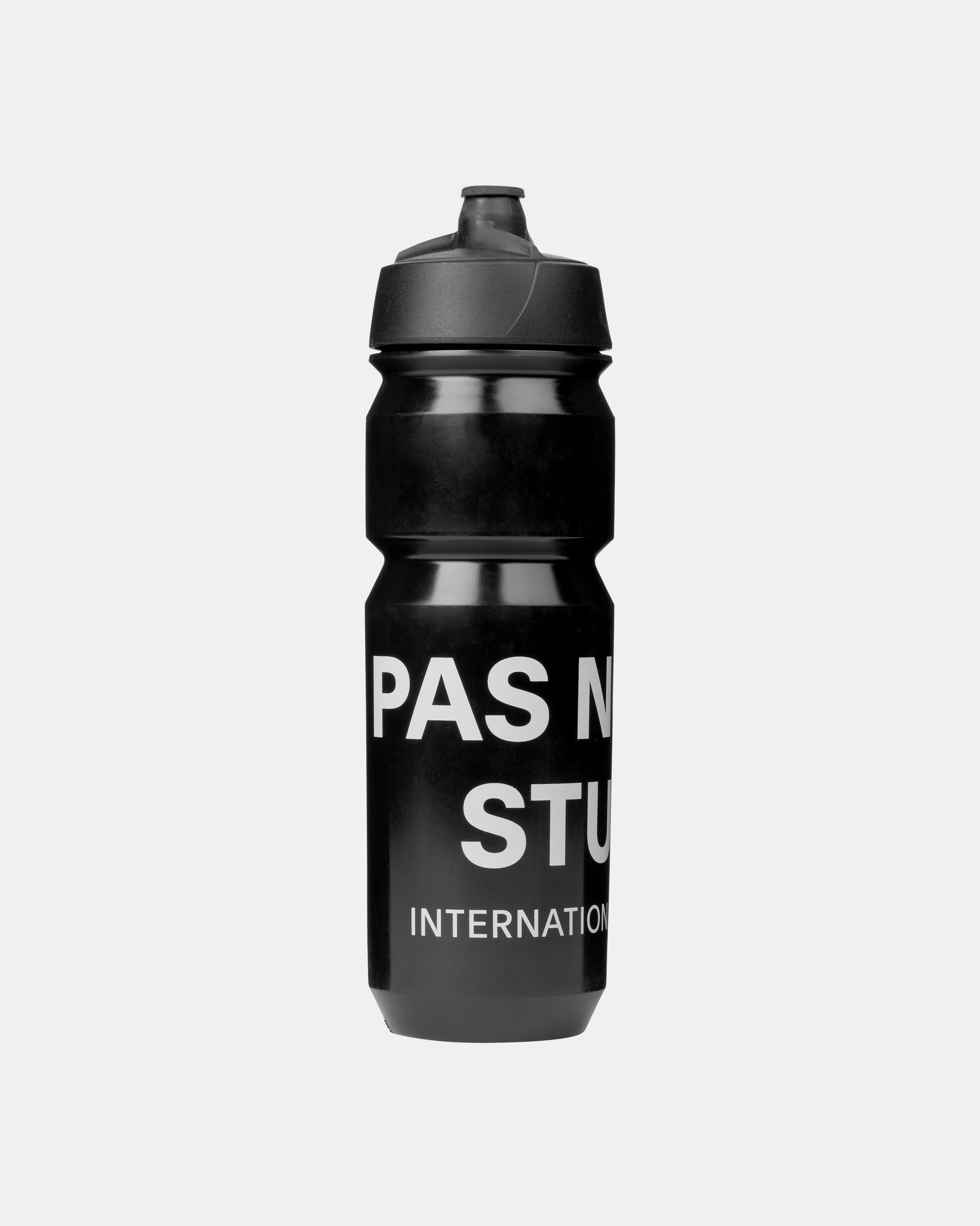 Black Escapism cycling water bottle, front view with bold white text print