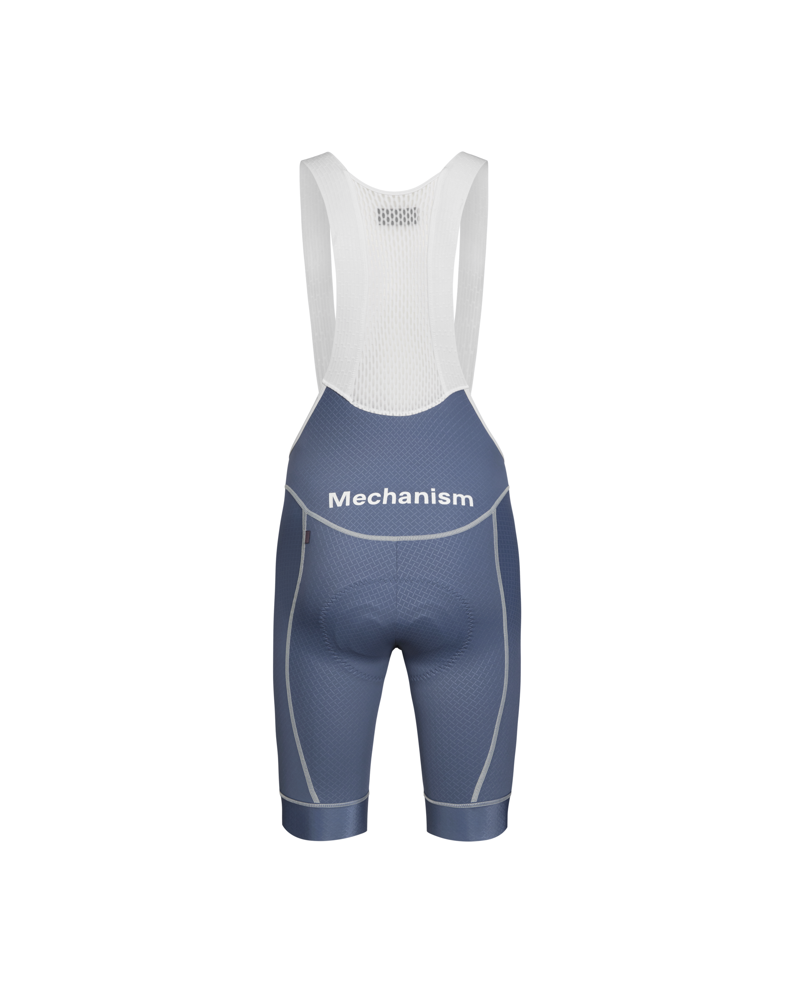 Light Indigo Mechanism cycling bibs, rear flat lay with white mesh bib straps and contrast stitching