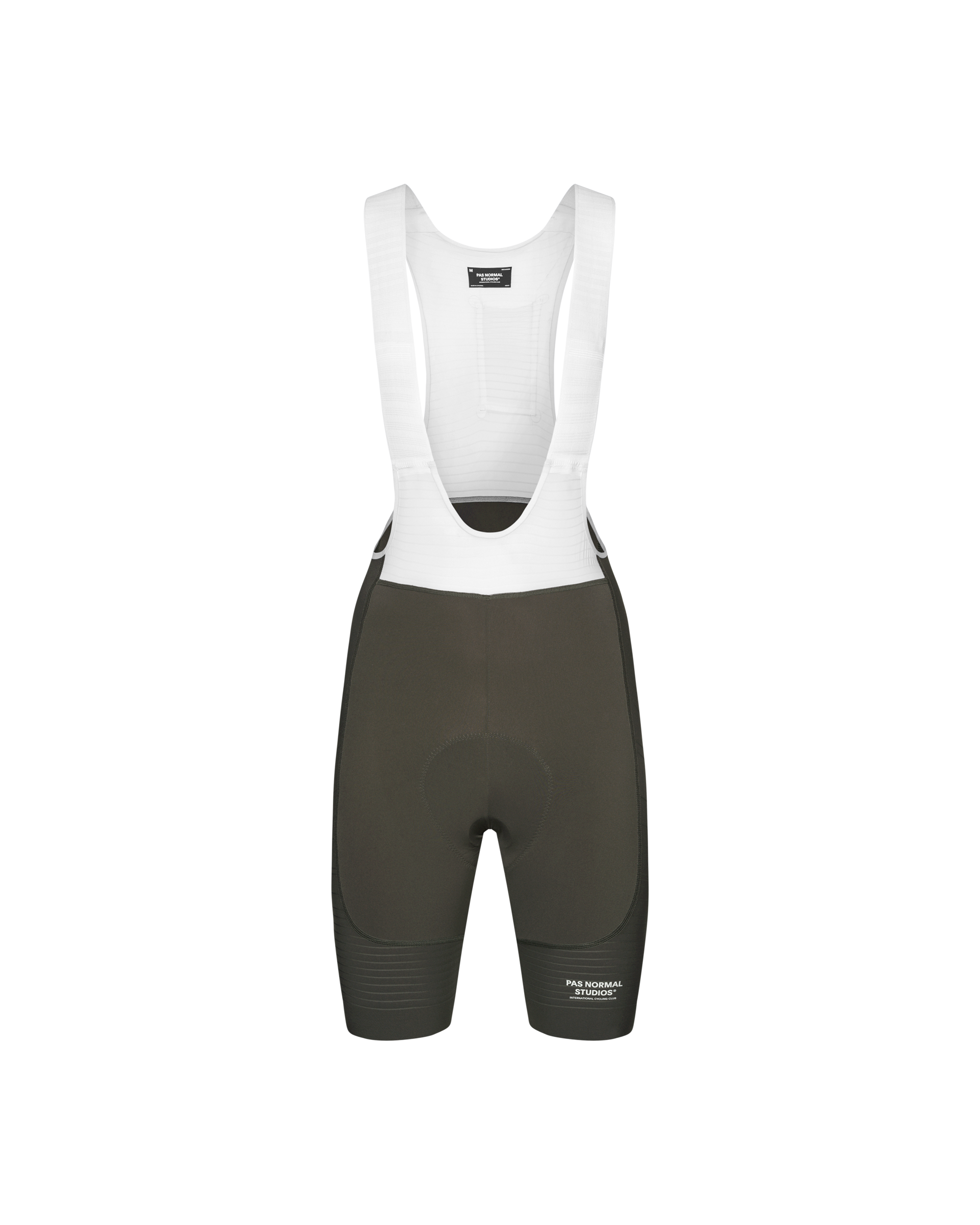 Dark Olive Mechanism Pro cycling bibs, front flat lay with white mesh bib straps