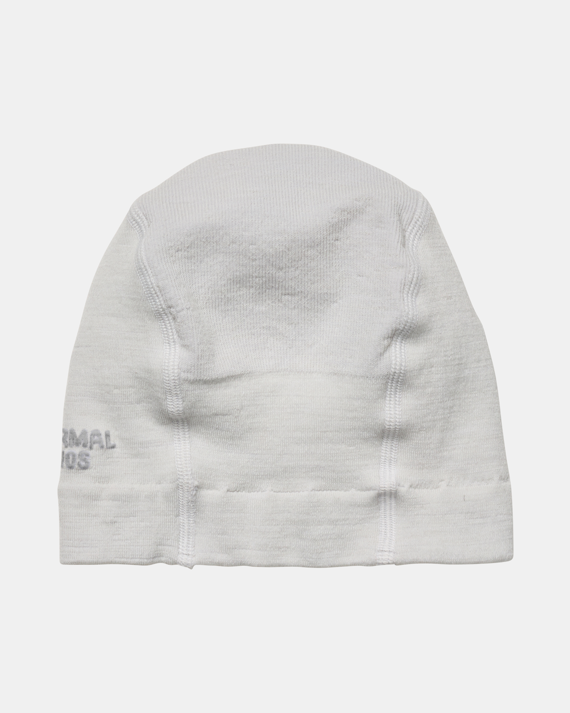 Misty Grey Logo Merino Knit cycling beanie, front flat lay with contrast seam detailing