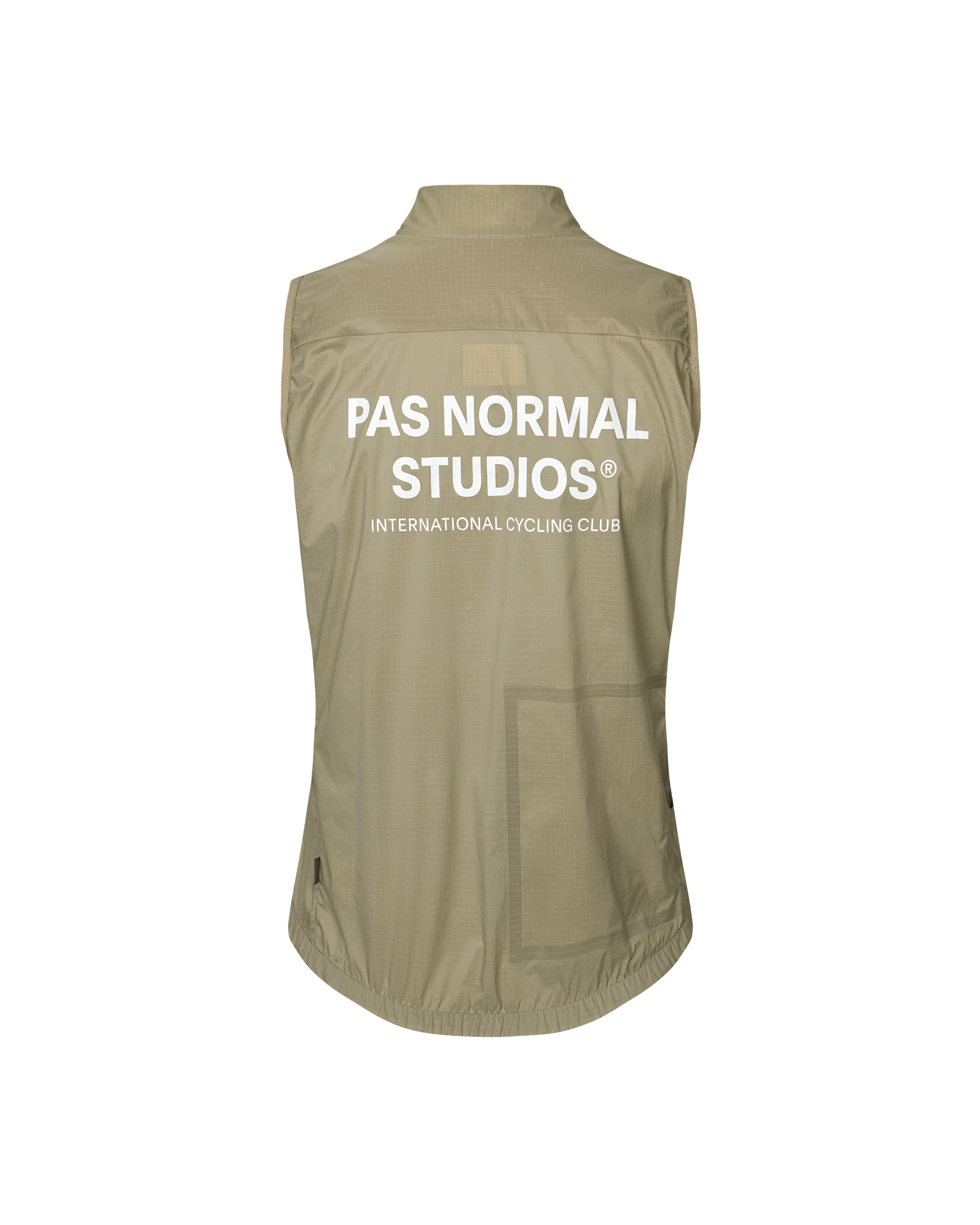 Grey Sage Essential women's cycling gilet, rear flat lay with white back logo print and elastic hem
