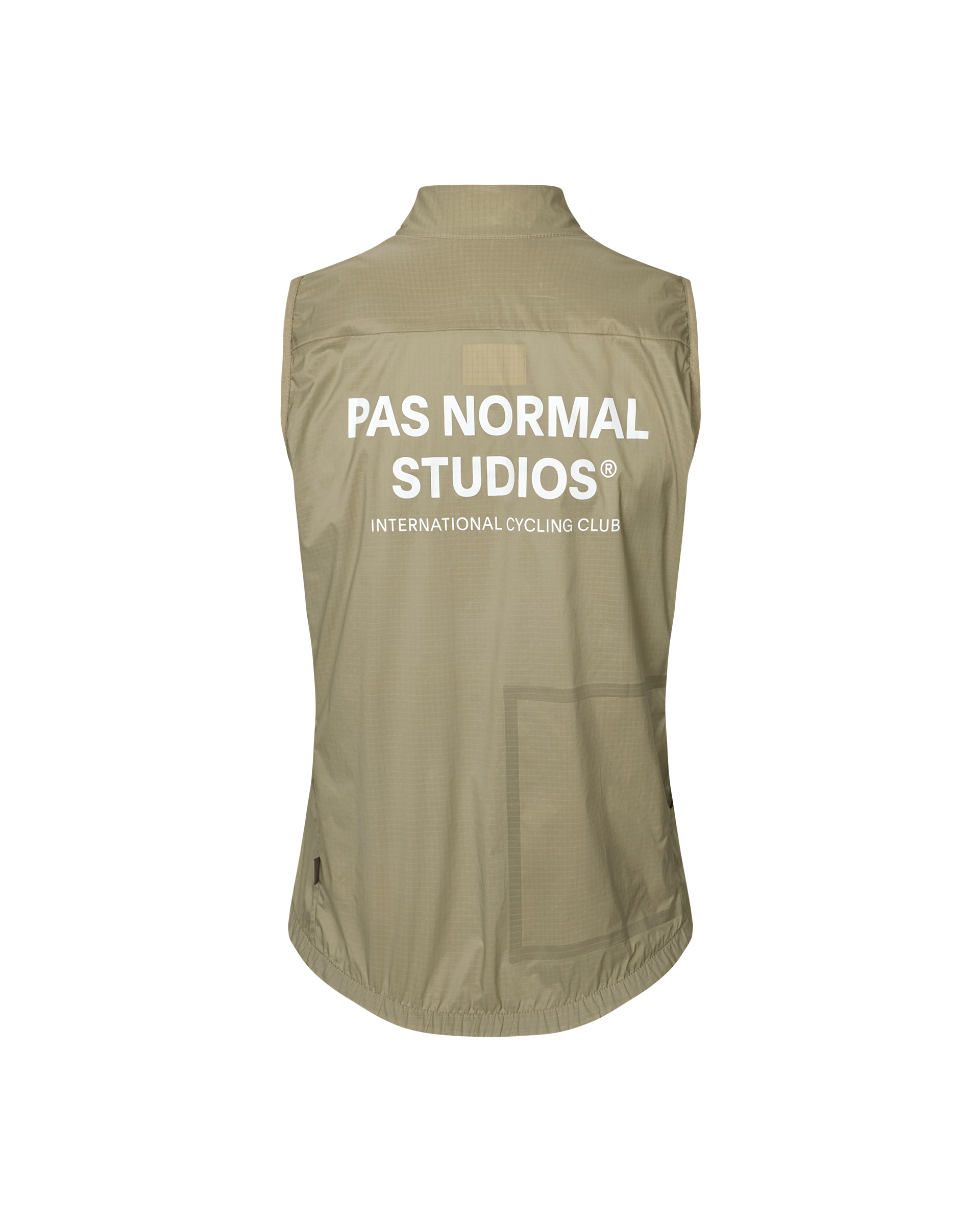 Grey Sage Essential women's cycling gilet, rear flat lay with white back logo print and elastic hem