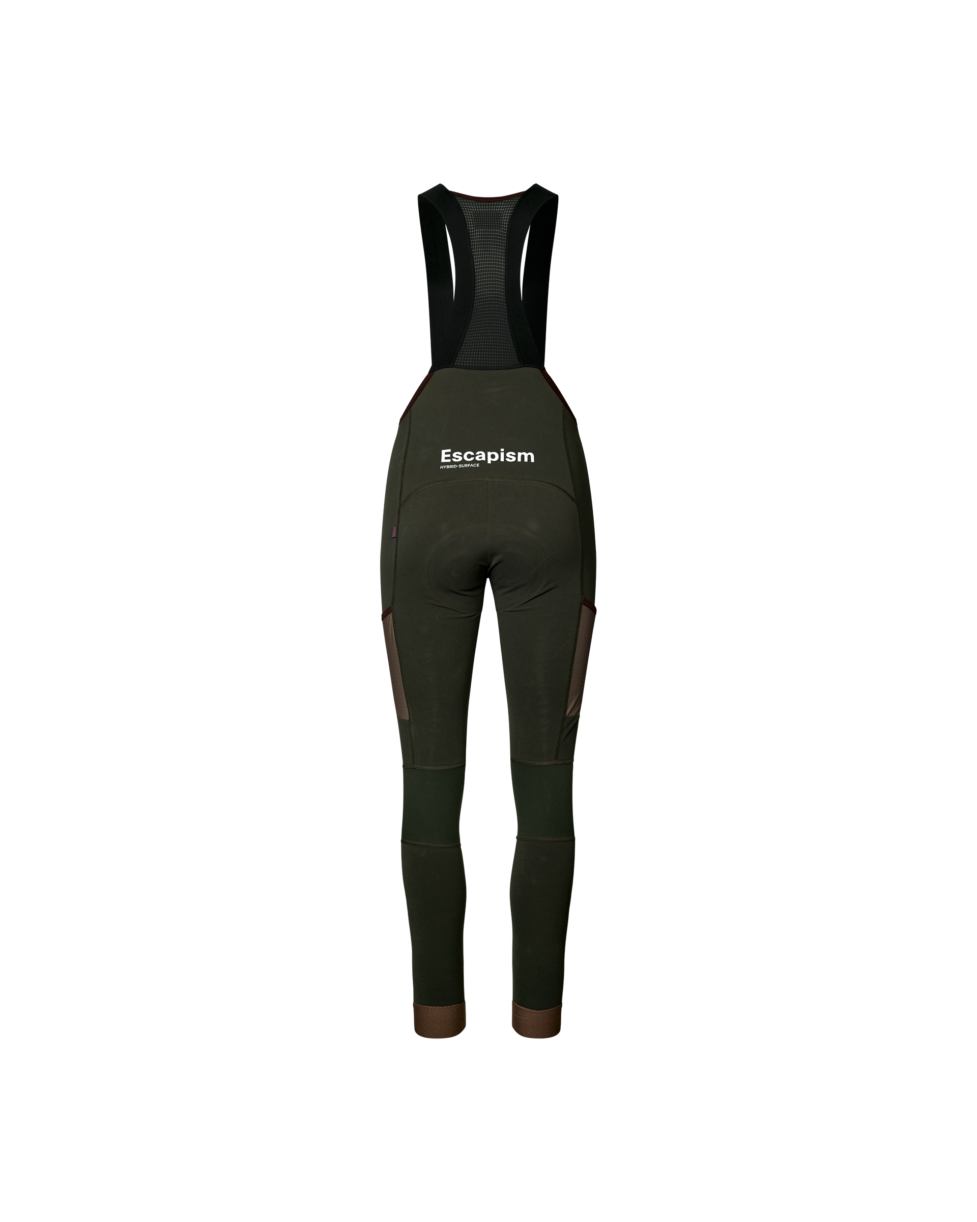 Dark Olive Escapism Long Cargo cycling bibs, rear view on mannequin with contrast brown panels and mesh bib straps
