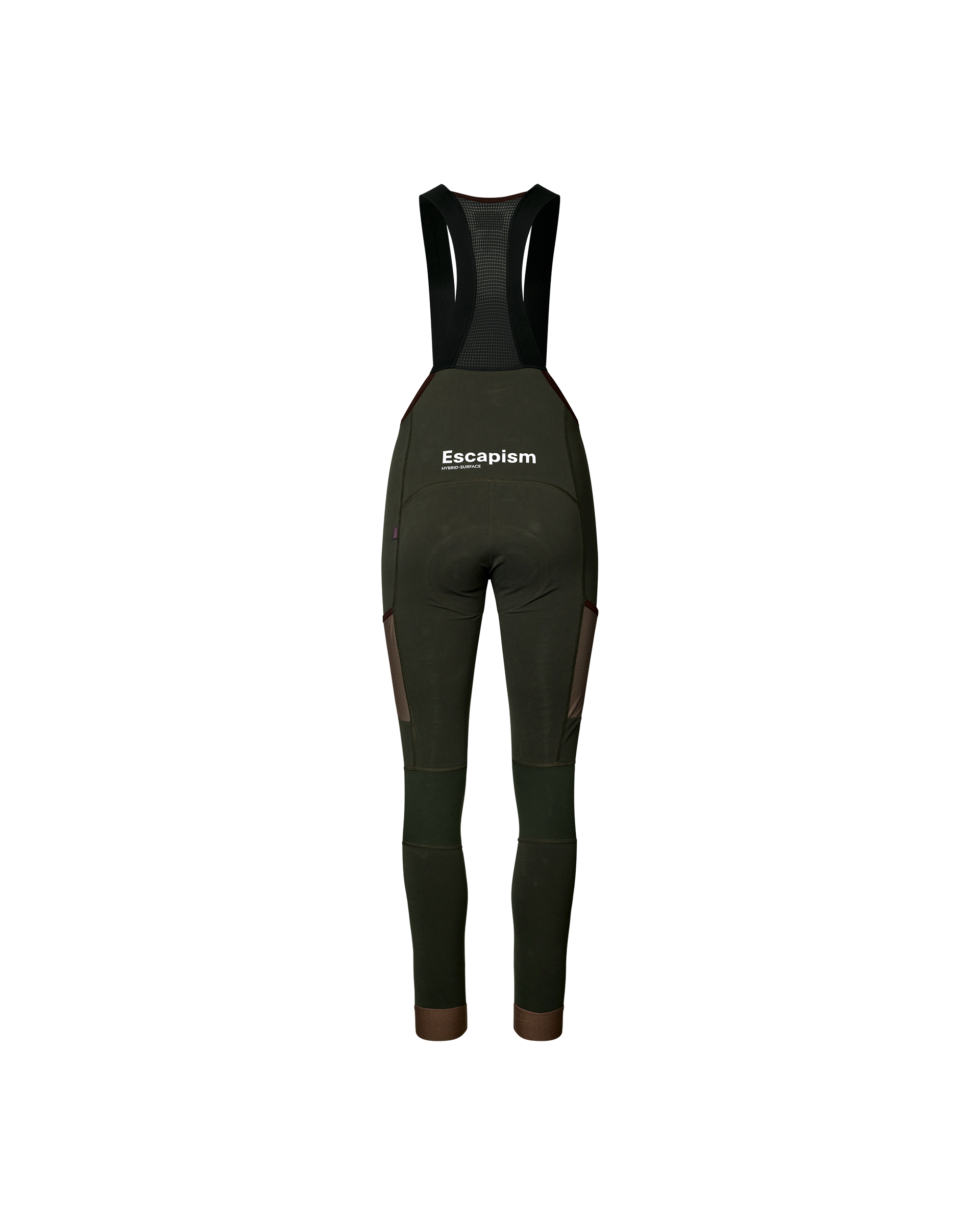 Dark Olive Escapism Long Cargo cycling bibs, rear view on mannequin with contrast brown panels and mesh bib straps
