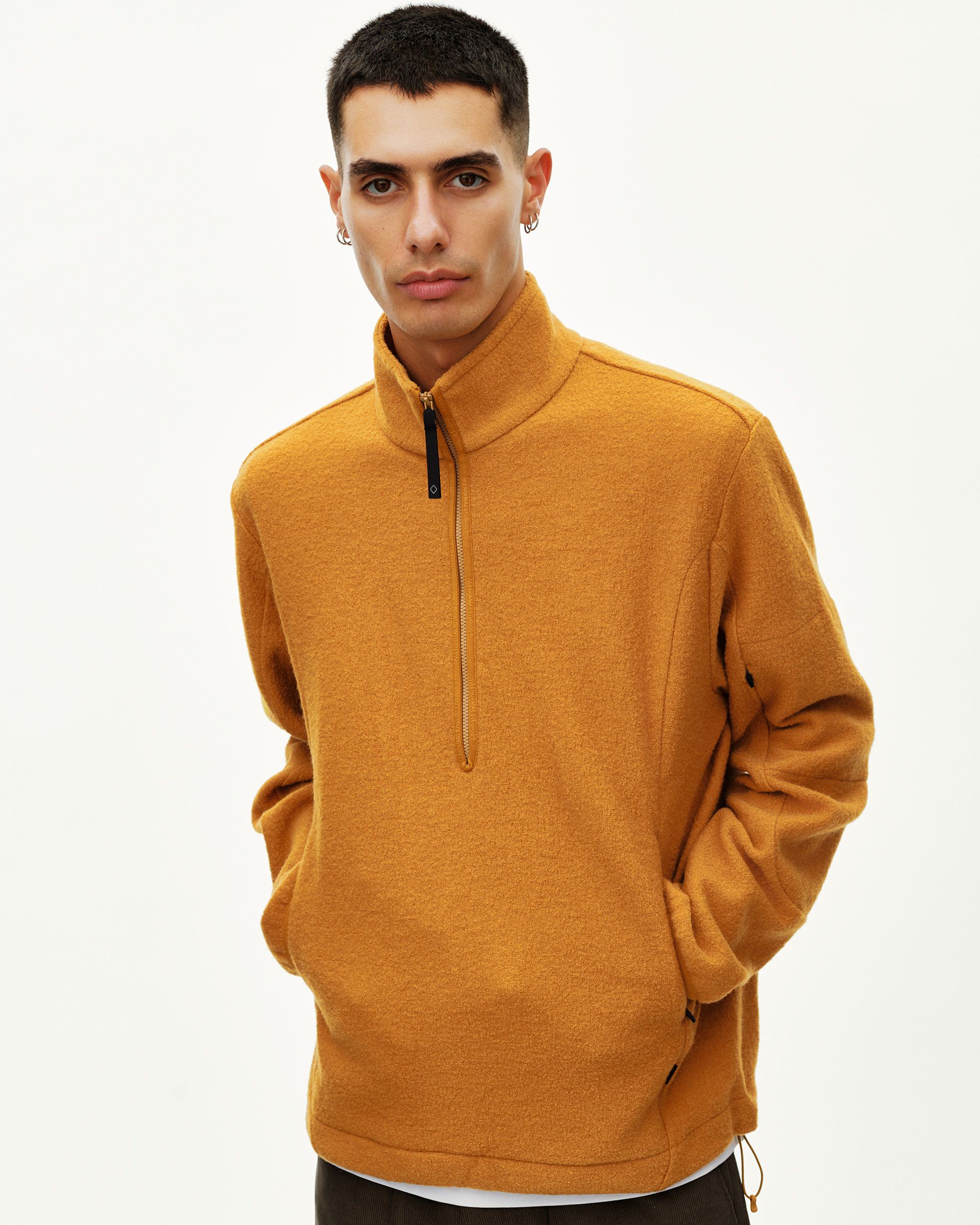Ochre Off-Race Boiled Wool Half-Zip outerwear on model, front view with quarter zip and high collar