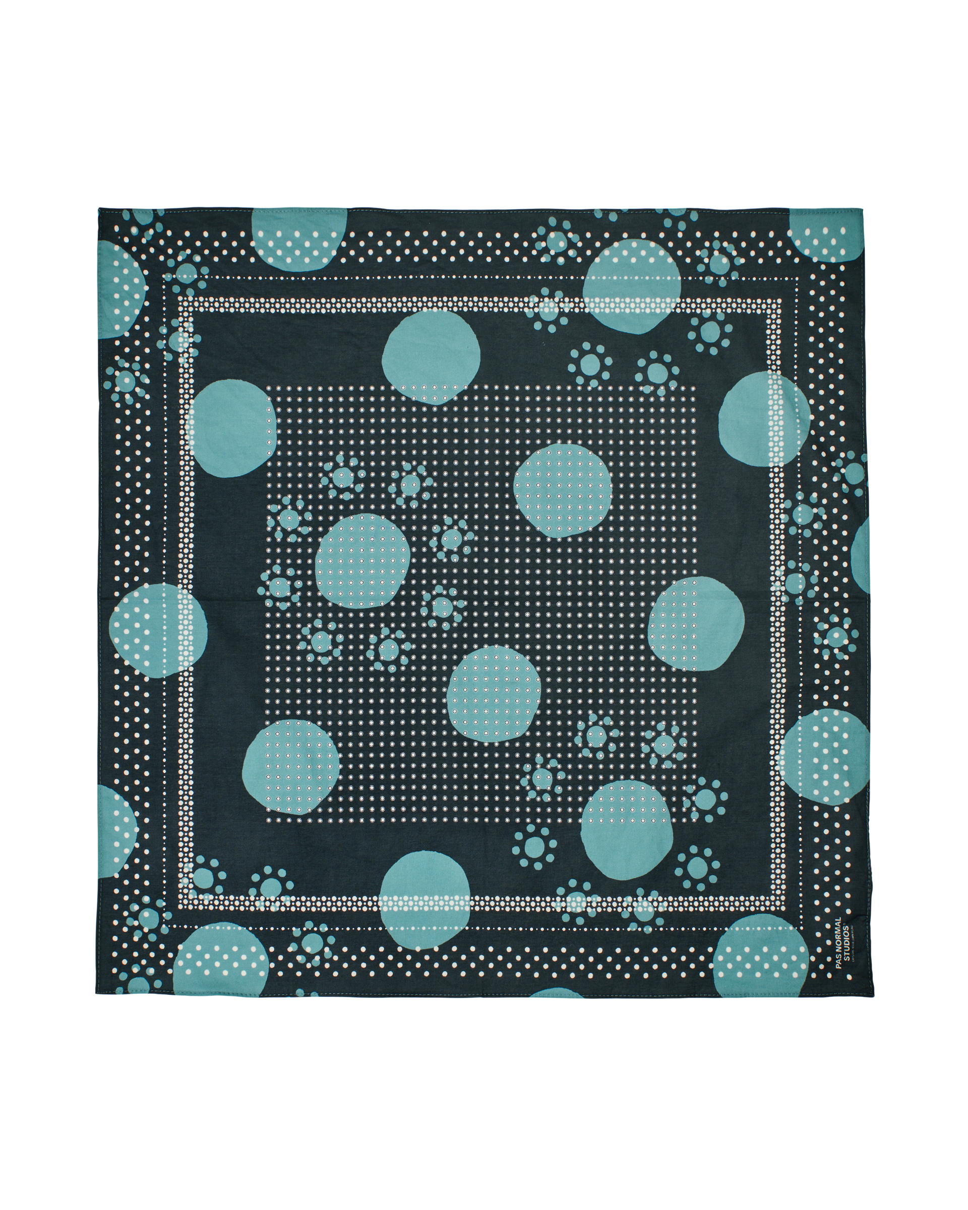 Navy Off-Race bandana, flat lay with teal polka dot pattern and white dotted border